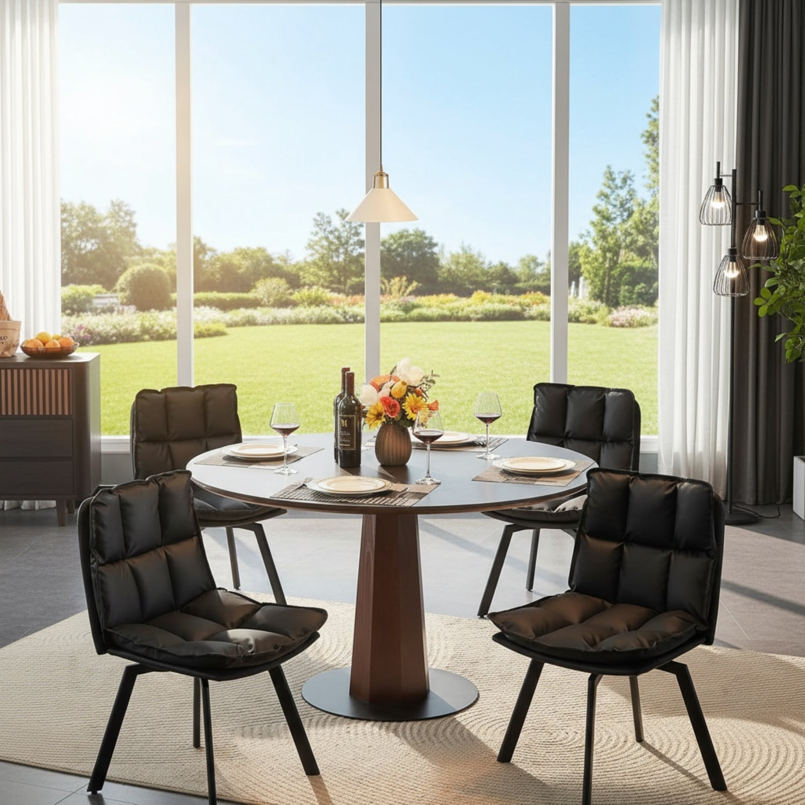 Sailvan Dining Chairs Set of 4, Modern PU Leather Upholstered Kitchen Chairs, Swivel Dining Room Chair with Double-Layer Fabric Cushion, Black