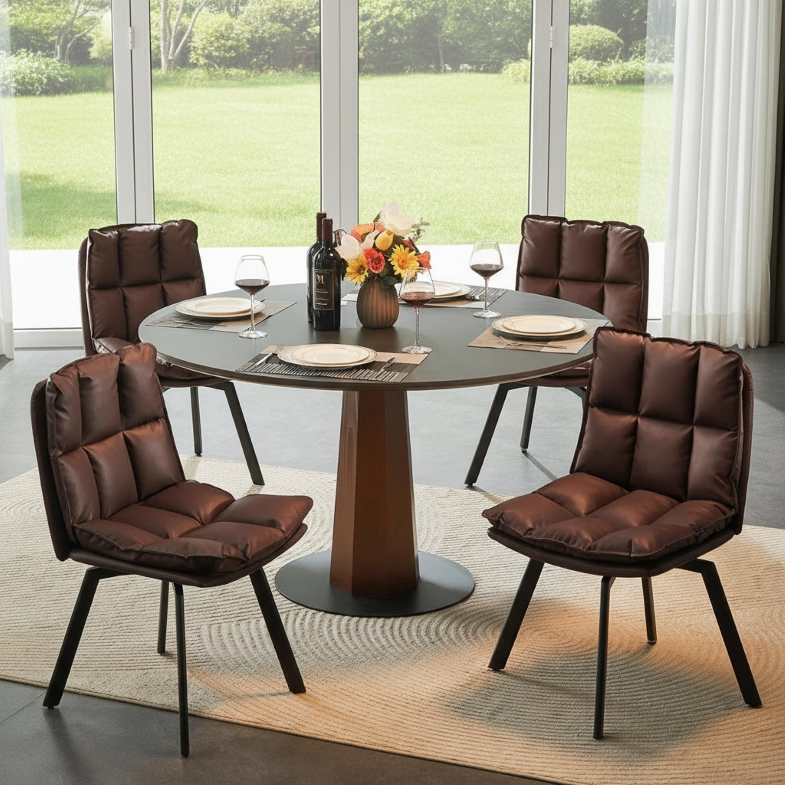 Sailvan Dining Chairs Set of 4, Modern PU Leather Upholstered Kitchen Chairs, Swivel Dining Room Chair with Double-Layer Fabric Cushion, Dark Brown