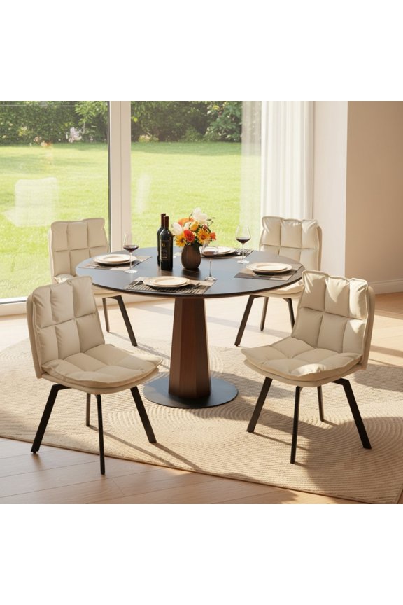 Dining Chairs Set of 4, Modern PU Leather Upholstered Kitchen Chairs, Swivel Dining Room Chair with Double-Layer Fabric Cushion, White