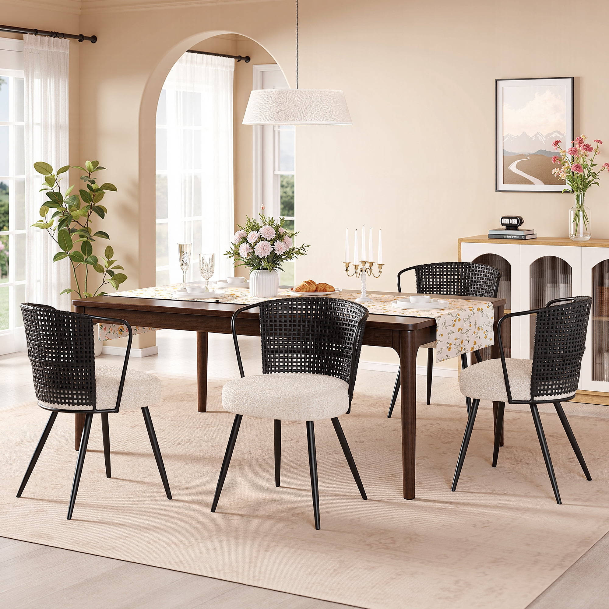 Sailvan Dining Chairs Set of 4, Rattan Upholstered Kitchen & Dining Room Chairs Accent Chairs with Lamb Fleece Fabric Cushion, Brown