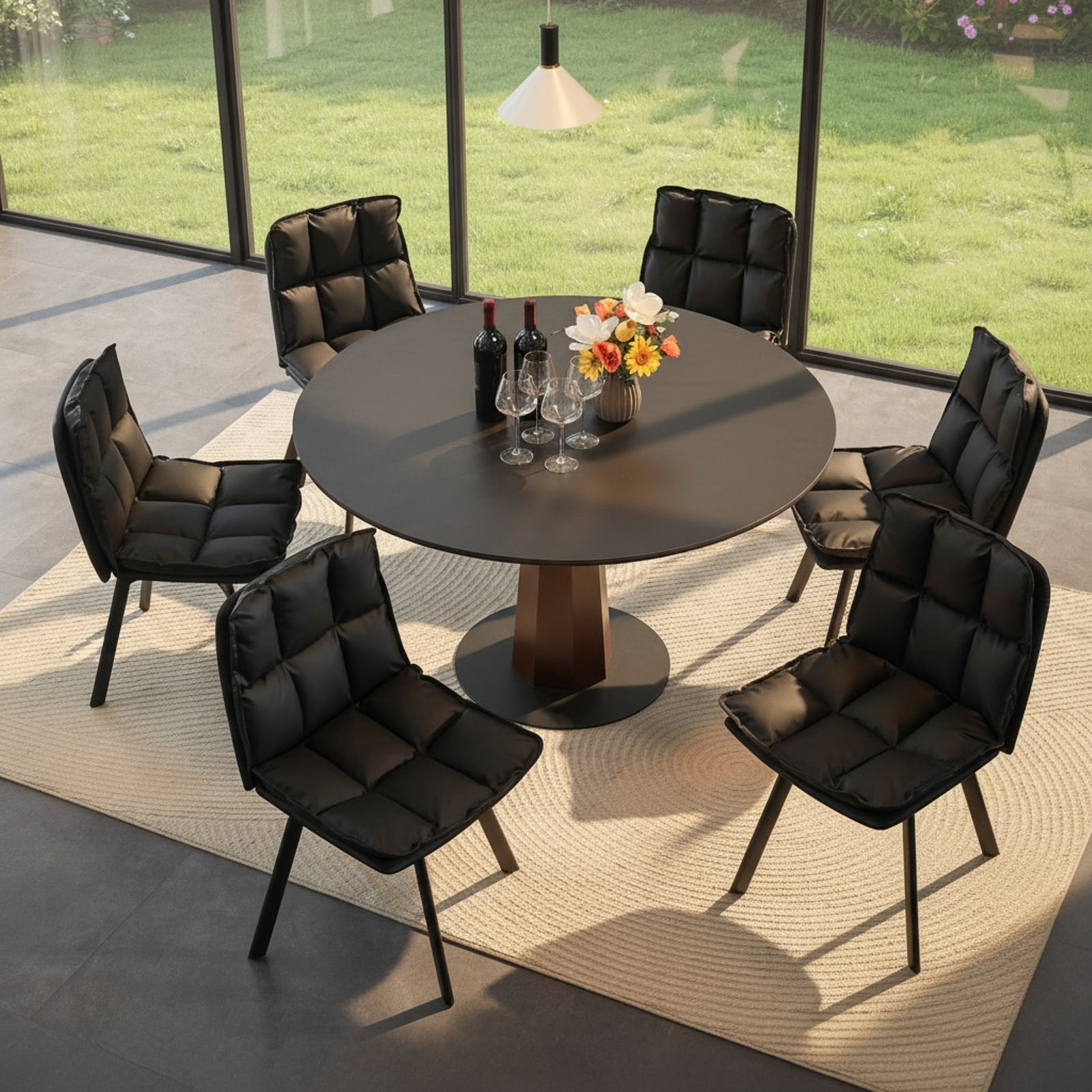 Sailvan Dining Chairs Set of 6, Modern PU Leather Upholstered Kitchen Chairs, Swivel Dining Room Chair with Double-Layer Fabric Cushion, Black
