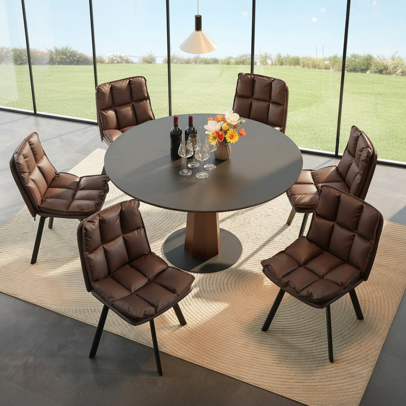 Sailvan Dining Chairs Set of 6, Modern PU Leather Upholstered Kitchen Chairs, Swivel Dining Room Chair with Double-Layer Fabric Cushion, Dark Brown