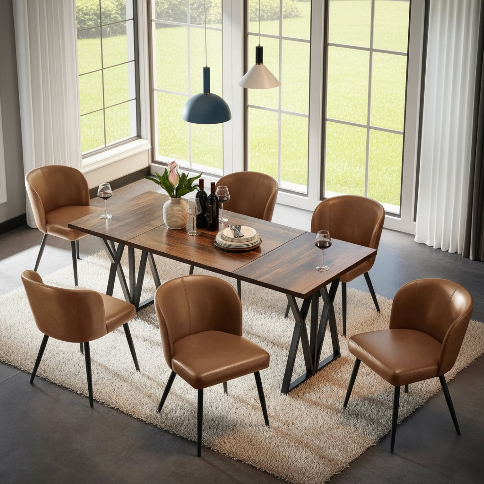 Sailvan Dining Chairs Set of 6, Modern PU Leather Upholstered Kitchen Chairs for Dining Room & Living Room with High Back, Easy Maintaince, Brown