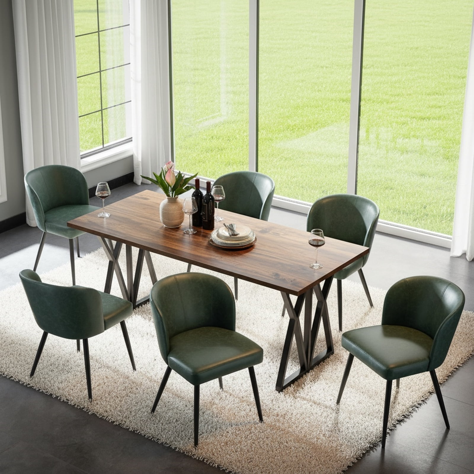 Sailvan Dining Chairs Set of 6, Modern PU Leather Upholstered Kitchen Chairs for Dining Room & Living Room with High Back, Easy Maintaince, Green