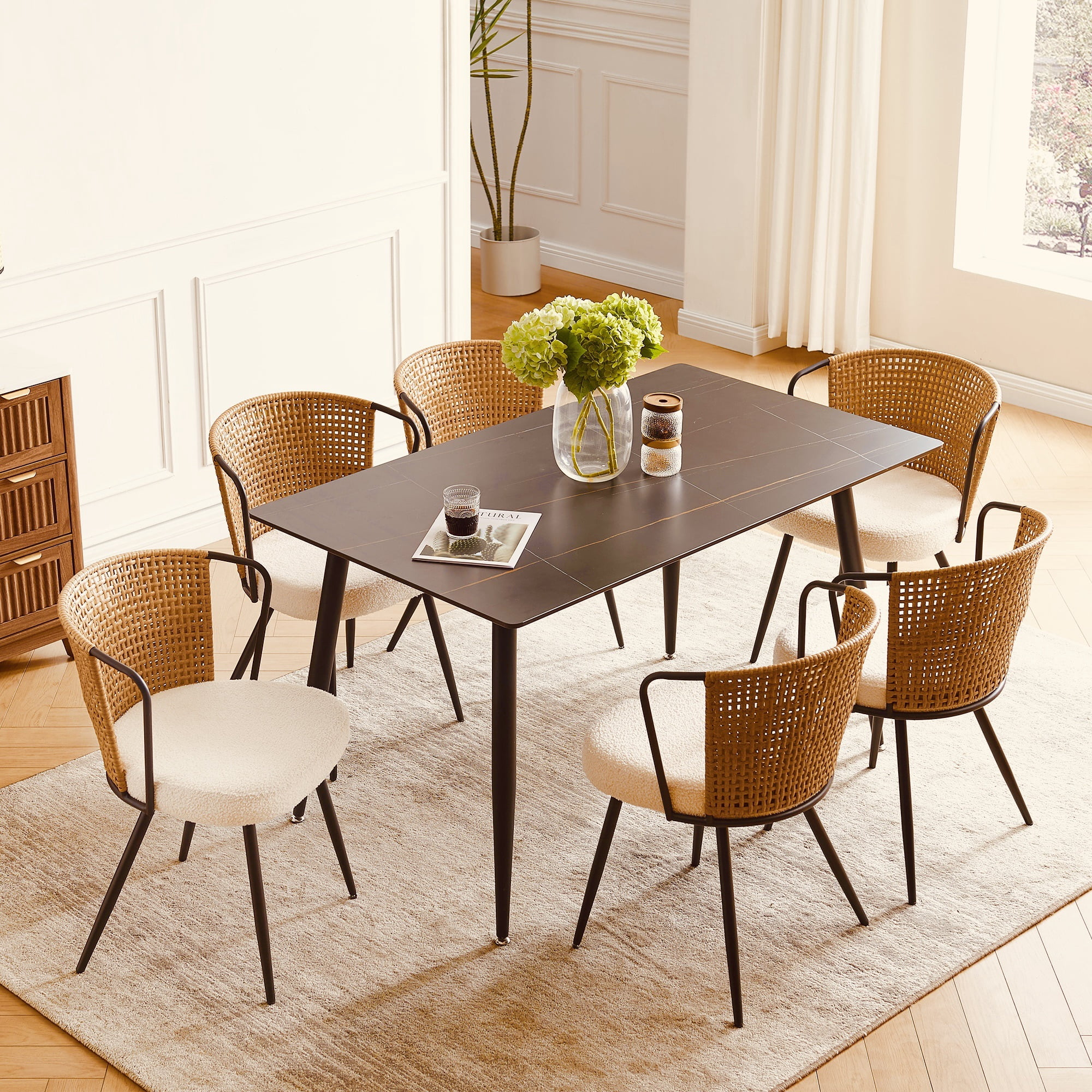 Sailvan Dining Chairs Set of 6, Rattan Upholstered Kitchen & Dining Room Chairs Accent Chairs with Lamb Fleece Fabric Cushion, Black