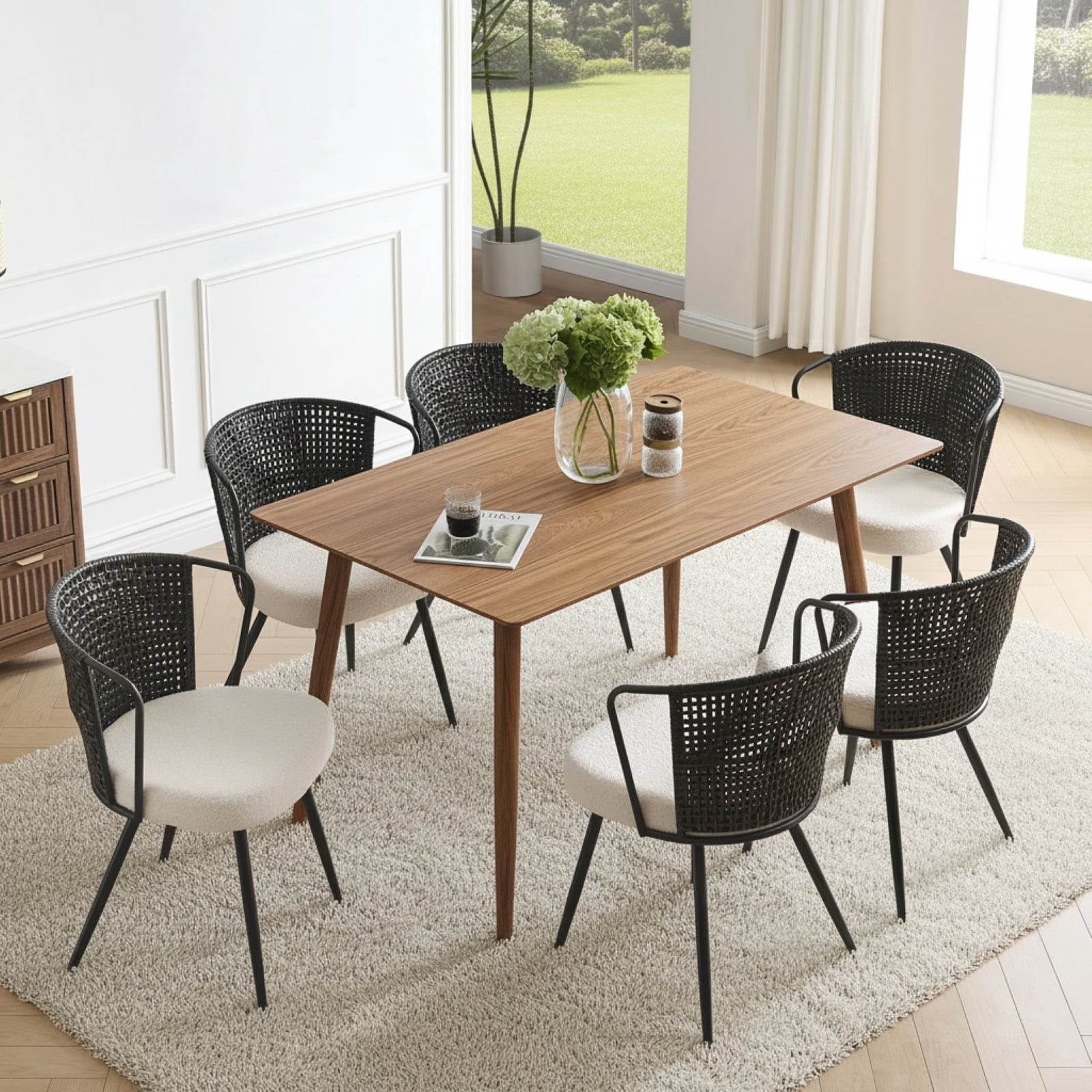 Sailvan Dining Chairs Set of 6, Rattan Upholstered Kitchen & Dining Room Chairs Accent Chairs with Lamb Fleece Fabric Cushion, Brown