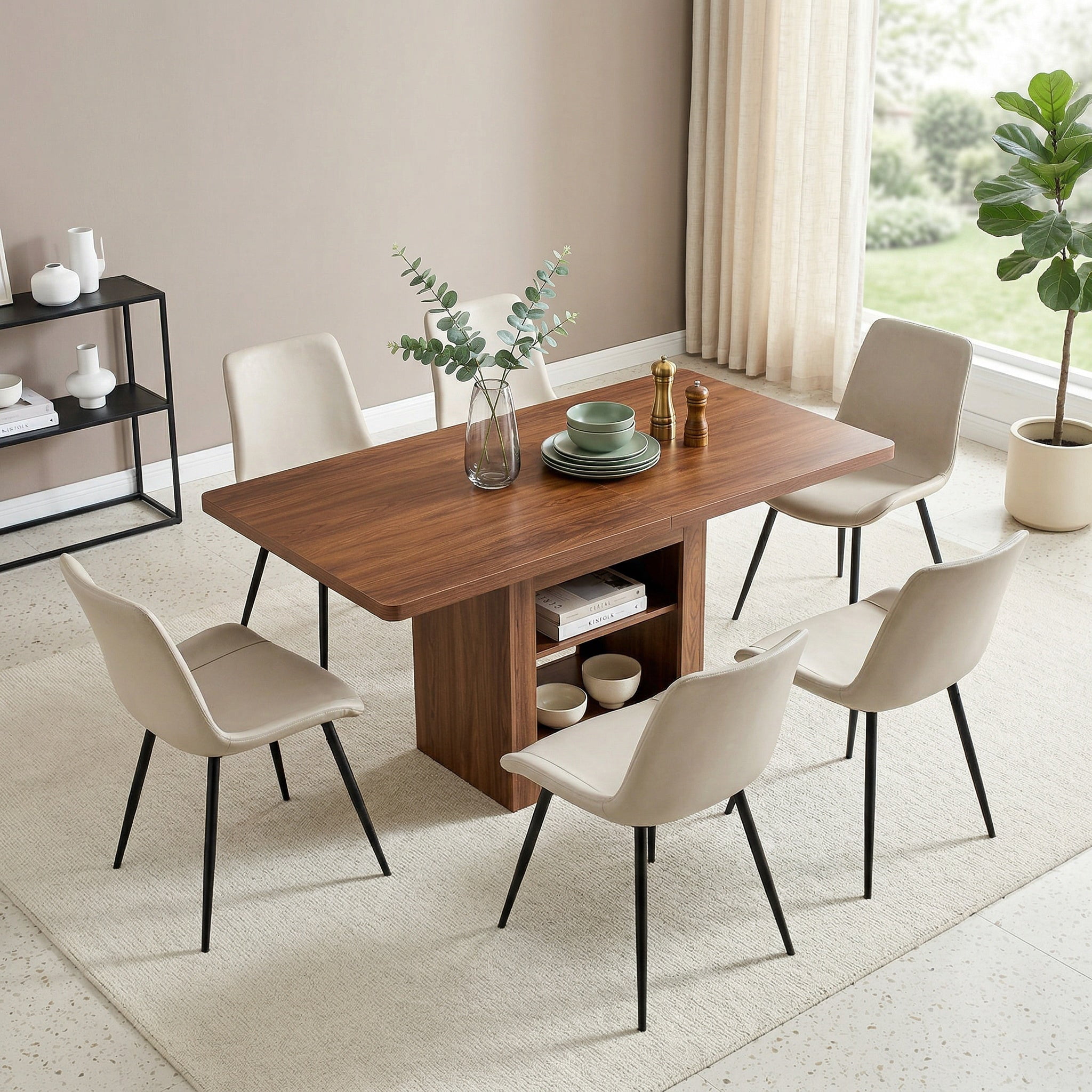 Sailvan Dining Set, 59-71 Inch Walnut MDF Table with Brown Tech-Fabric Curved Widened Cushion Chairs
