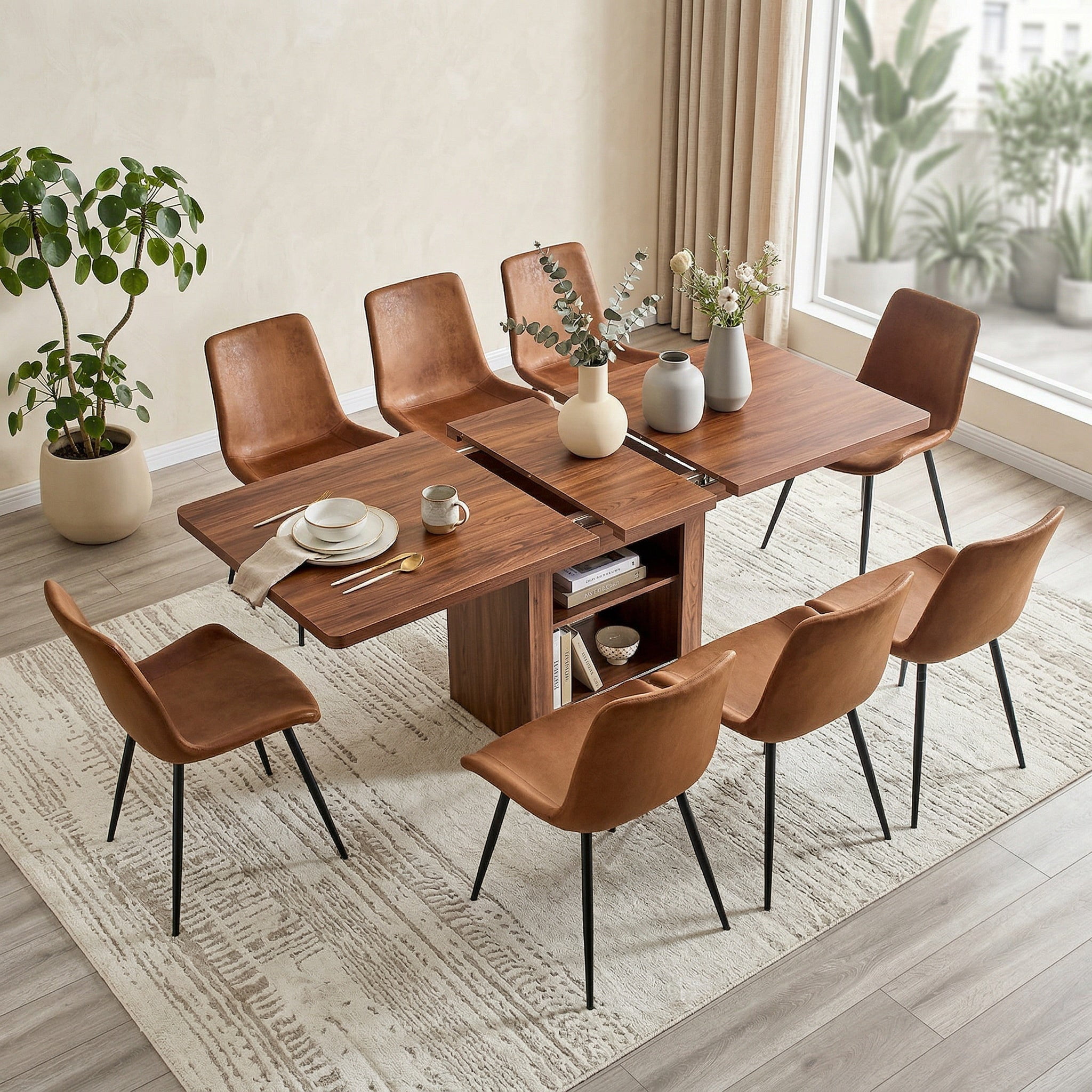 Sailvan Dining Set, 59-71 Inch Walnut MDF Table with Brown Tech-Fabric Curved Widened Cushion Chairs