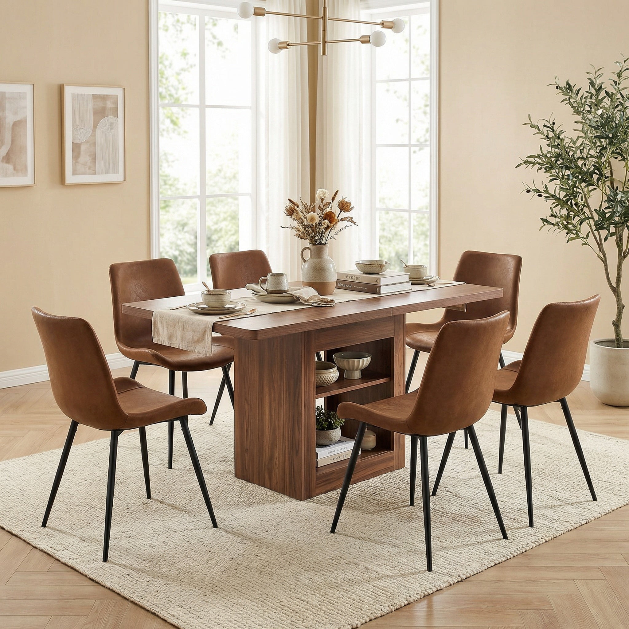 Sailvan Dining Set, 59-71 Inch Walnut MDF Table with Brown Tech-Fabric Curved Widened Cushion Chairs