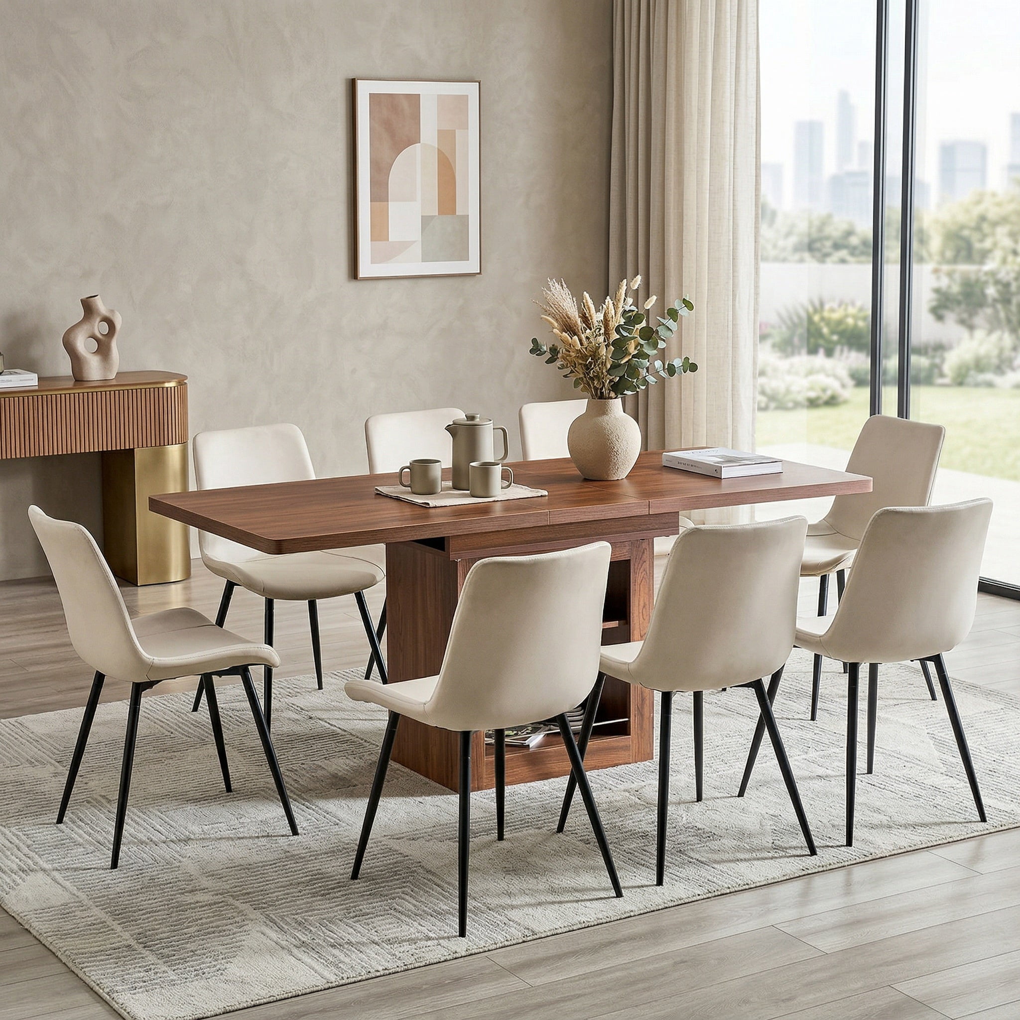 Sailvan Dining Set, 59-71 Inch Walnut MDF Table with Brown Tech-Fabric Curved Widened Cushion Chairs