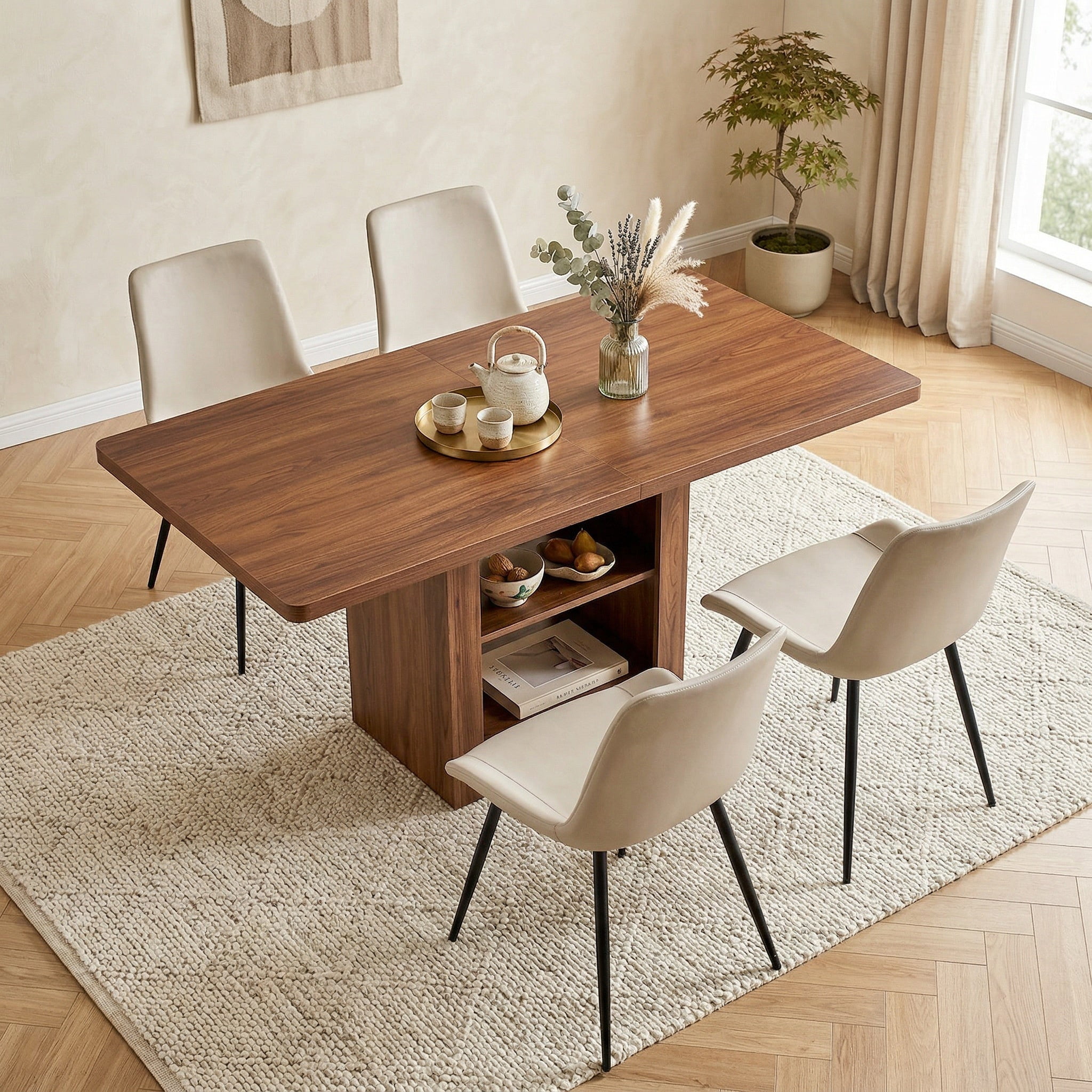 Sailvan Dining Set, 59-71 Inch Walnut MDF Table with Brown Tech-Fabric Curved Widened Cushion Chairs