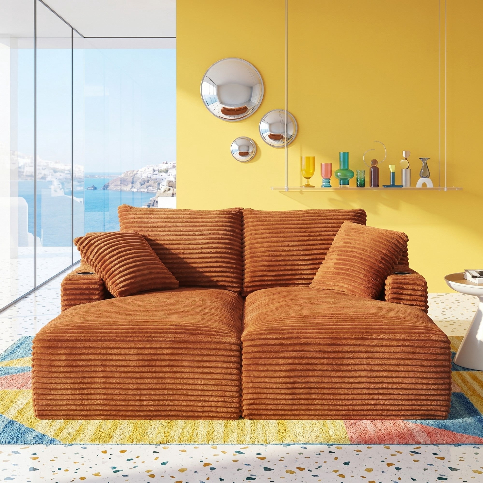Sailvan Double Chaise Lounge with Cupholders, Compressible Modern Sleeper Loveseat, No Assembly