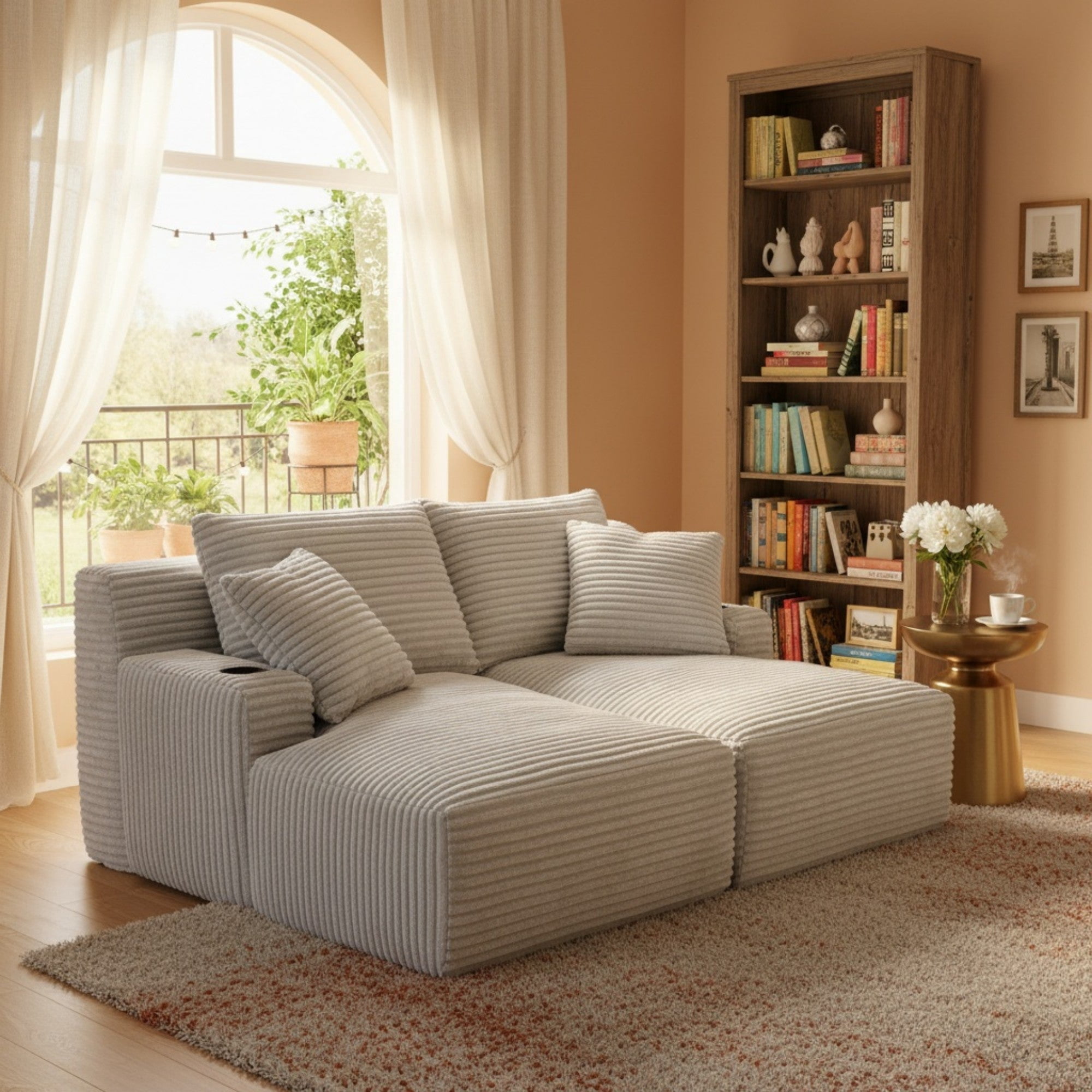 Sailvan Double Chaise Lounge with Cupholders, Compressible Modern Sleeper Loveseat, No Assembly