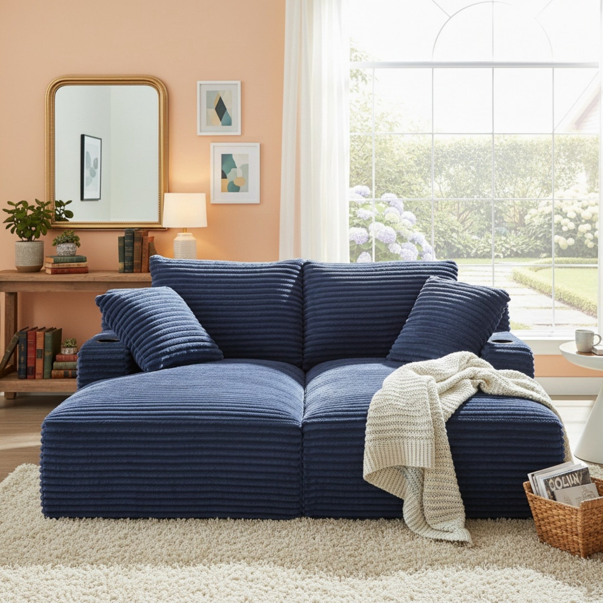 Sailvan Double Chaise Lounge with Cupholders, Compressible Modern Sleeper Loveseat, No Assembly