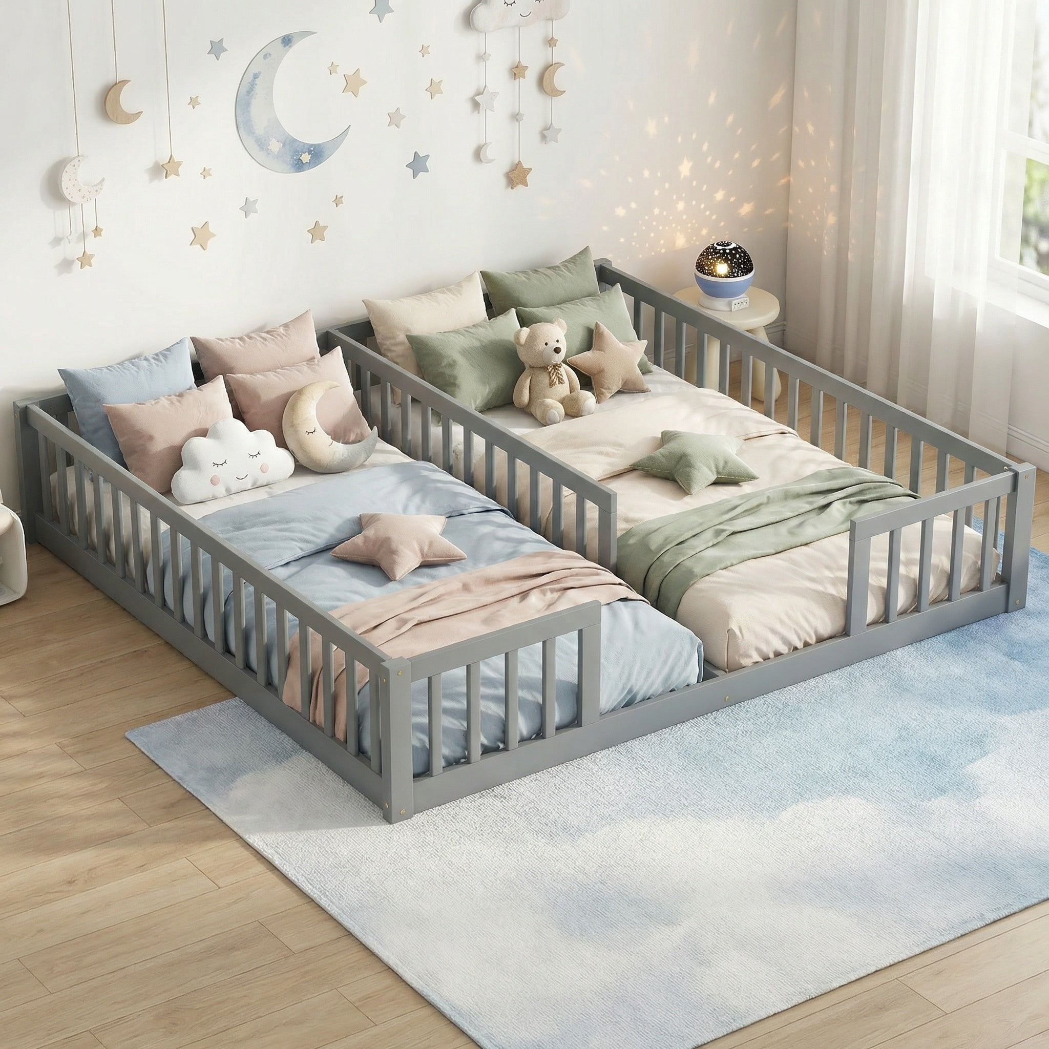 Sailvan Double Twin Floor Bed with Fence, Guardrails, without door