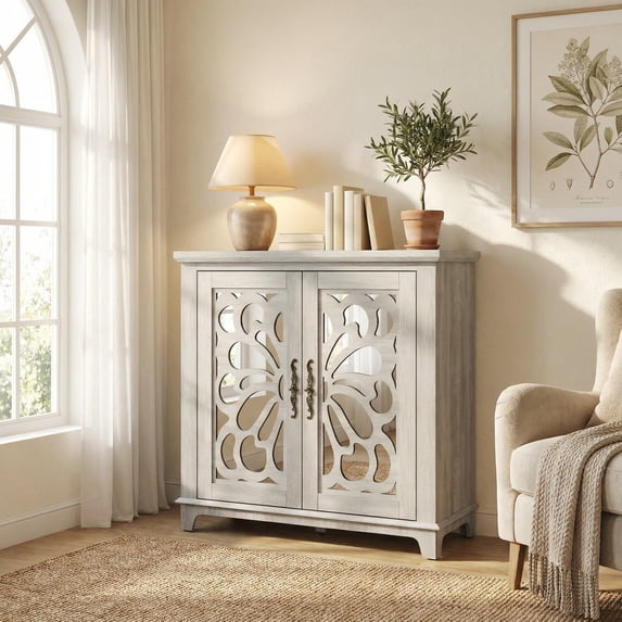 Sailvan Elegant Sideboard with 2 Acrylic Mirrored Doors, Hollow-Carved Accent Cabinet