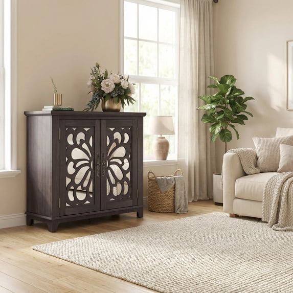 Sailvan Elegant Sideboard with 2 Acrylic Mirrored Doors, Hollow-Carved Accent Cabinet