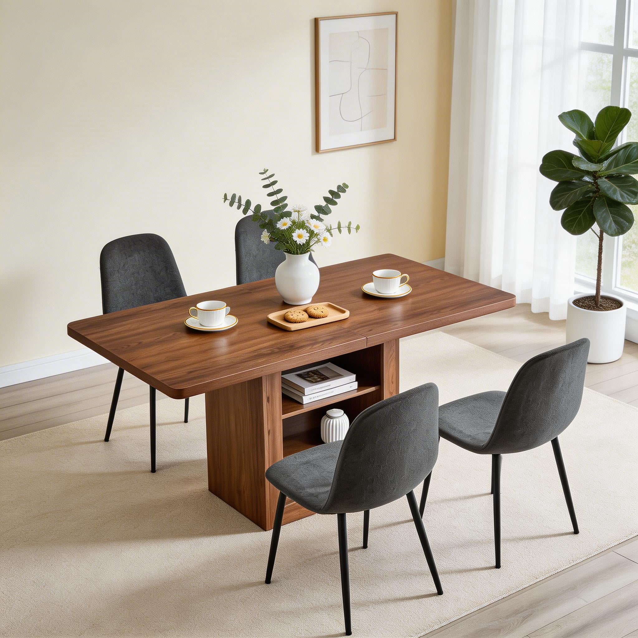Sailvan Expandable Dining Table Chair Set, 59-71 Inch Pull-Out MDF Table with Linen-Cotton Chairs