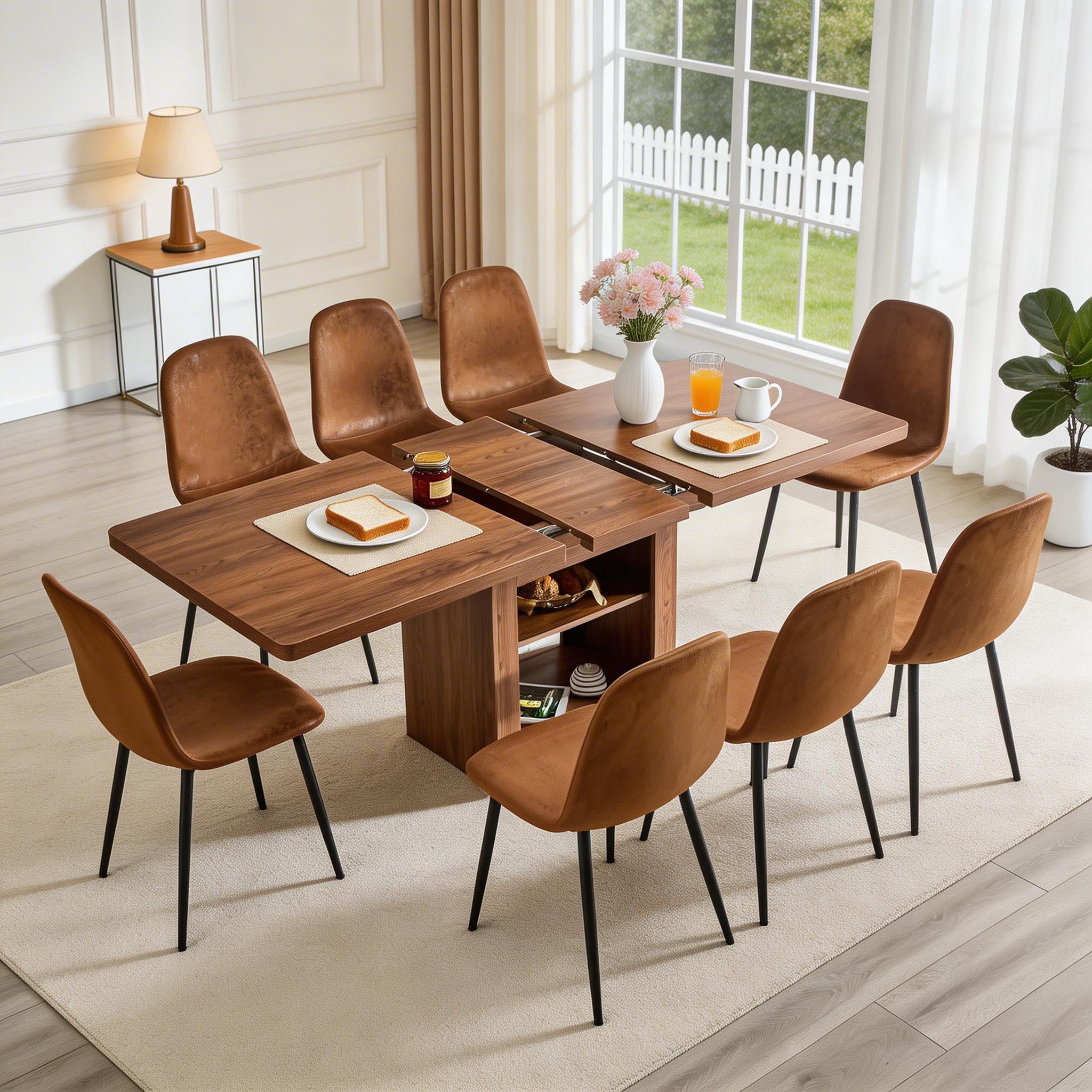 Sailvan Expandable Dining Table Chair Set, 59-71 Inch Pull-Out MDF Table with Linen-Cotton Chairs