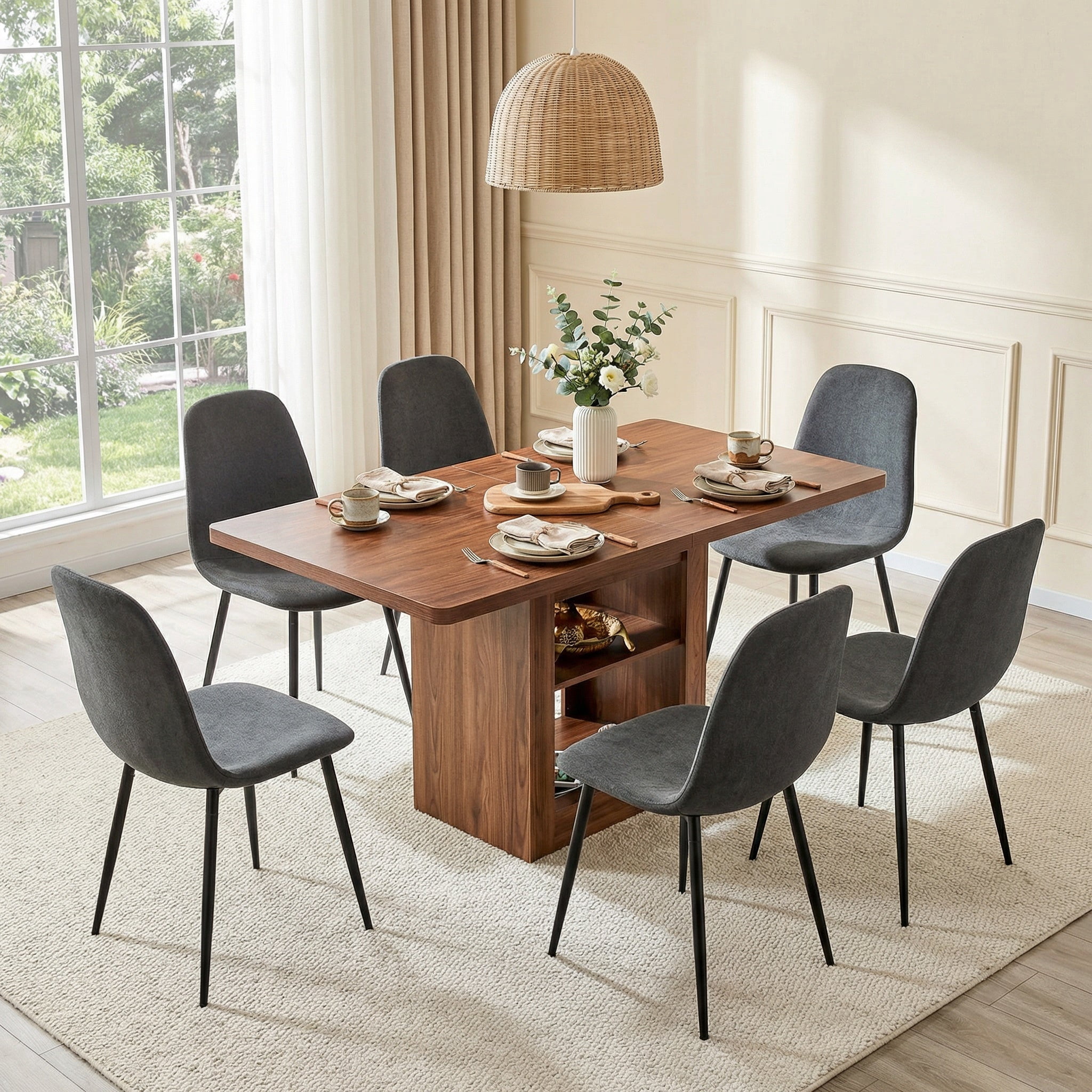 Sailvan Expandable Dining Table Chair Set, 59-71 Inch Pull-Out MDF Table with Linen-Cotton Chairs