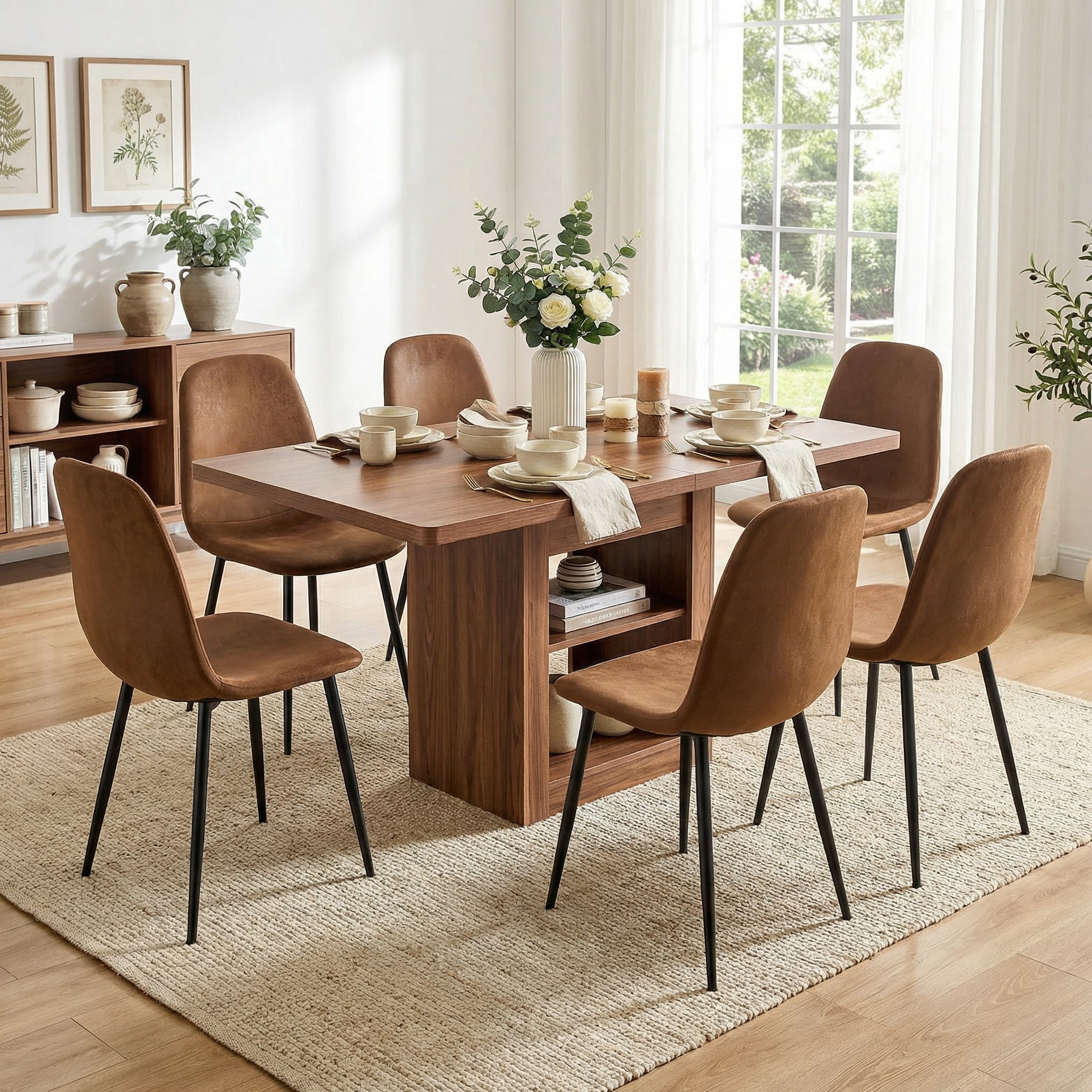 Sailvan Expandable Dining Table Chair Set, 59-71 Inch Pull-Out MDF Table with Linen-Cotton Chairs