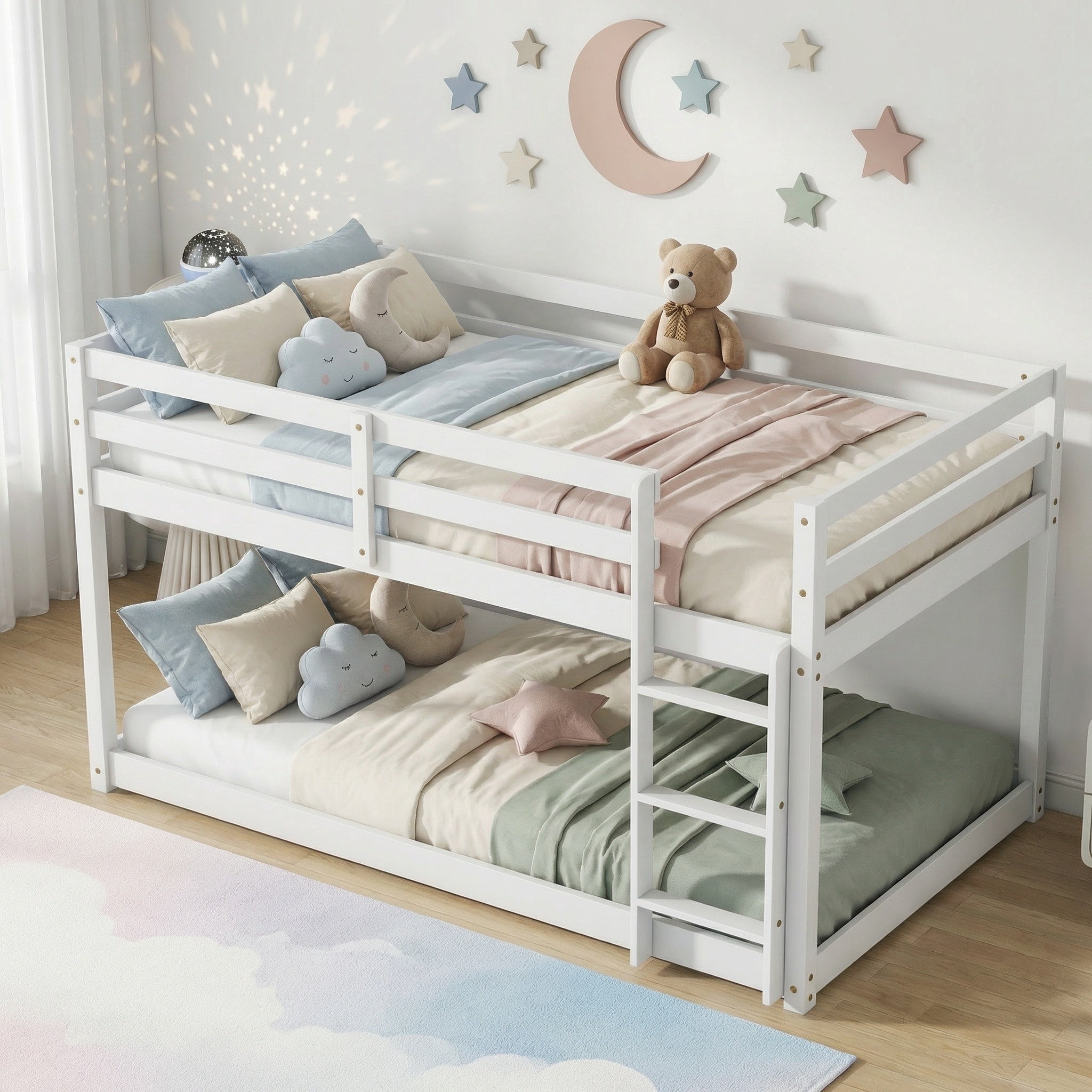 Sailvan Floor Bunk Bed Twin Over Twin, Solid Wooden/Solid Rubber, Upper Bed Platforms crafted with Strengthened Slats