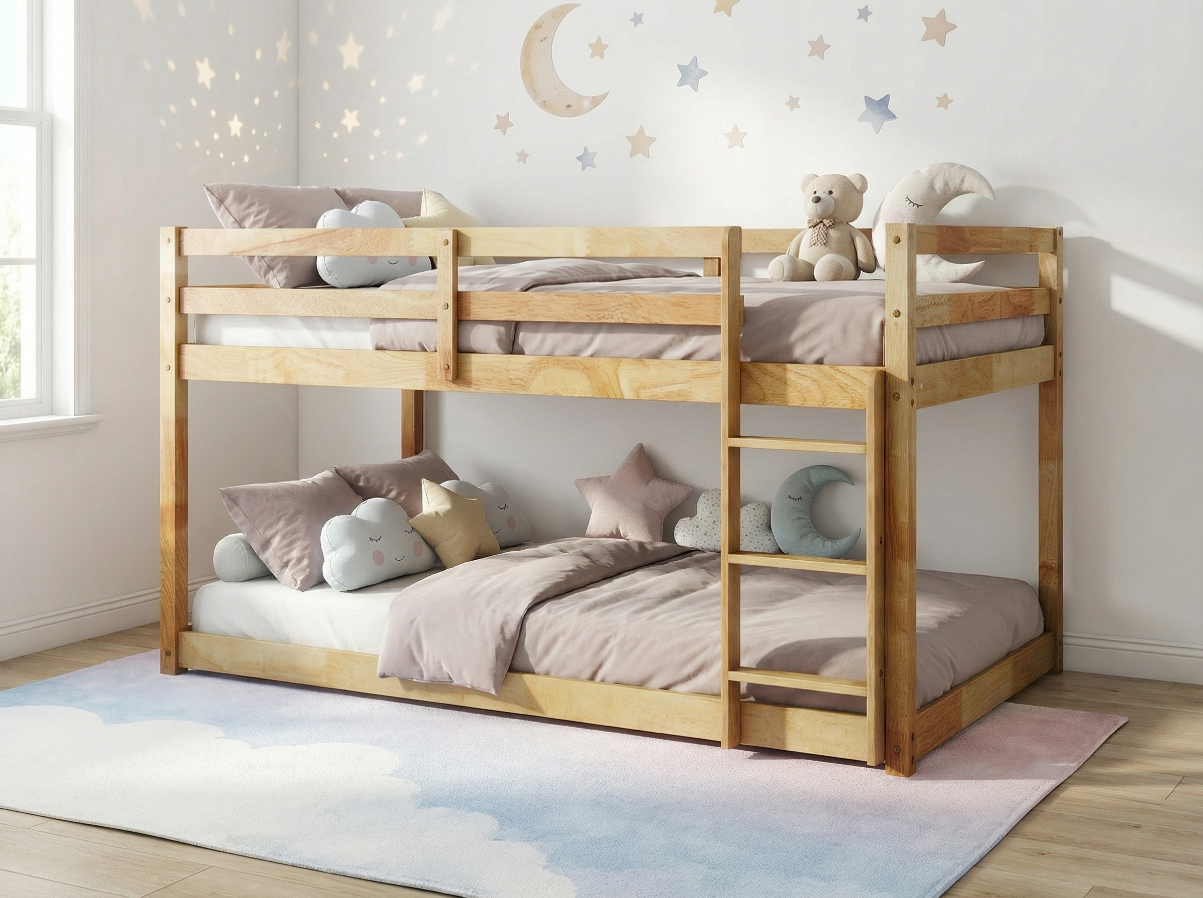 Sailvan Floor Bunk Bed Twin Over Twin, Solid Wooden/Solid Rubber, Upper Bed Platforms crafted with Strengthened Slats