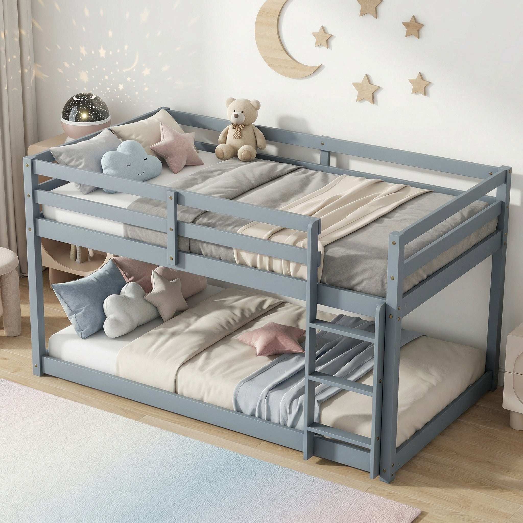 Sailvan Floor Bunk Bed Twin Over Twin, Solid Wooden/Solid Rubber, Upper Bed Platforms crafted with Strengthened Slats