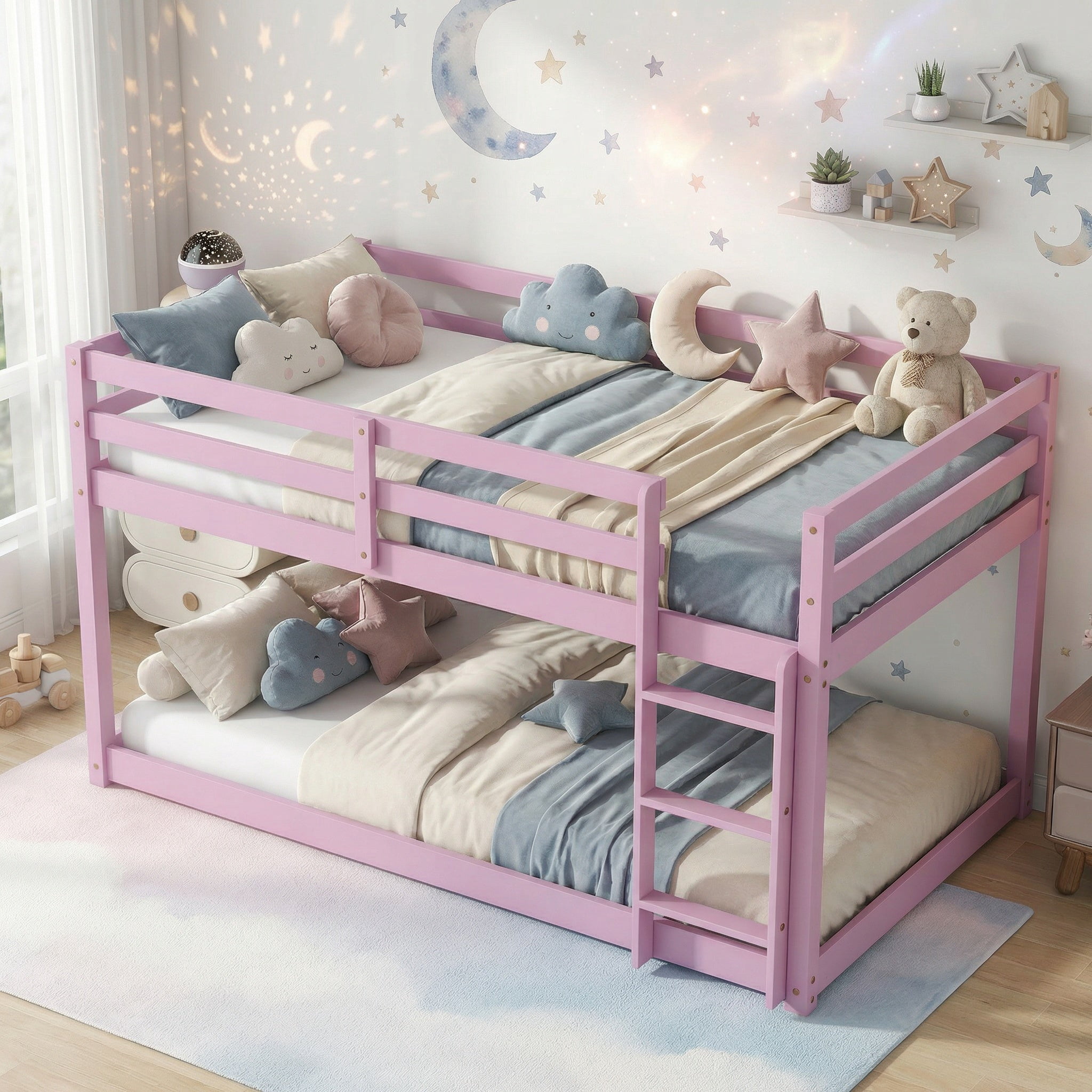 Sailvan Floor Bunk Bed Twin Over Twin, Solid Wooden/Solid Rubber, Upper Bed Platforms crafted with Strengthened Slats