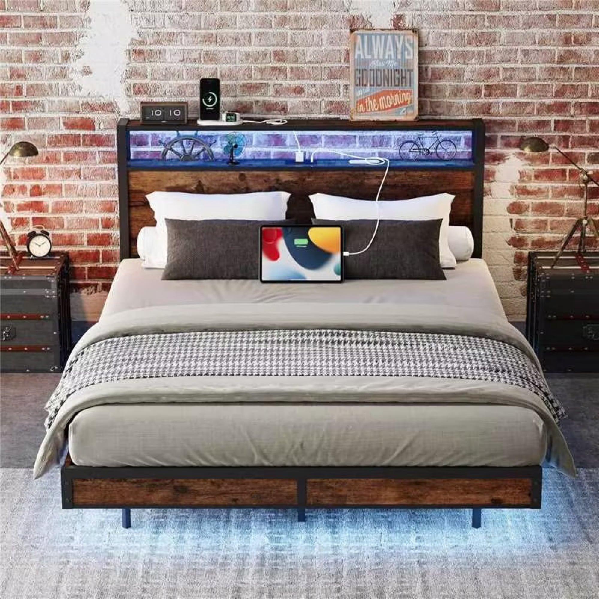 Sailvan Full Bed Frame, Metal Bed Frames with LED Headboard, Charging Station & Under Storage, No Box Spring Needed, Brown