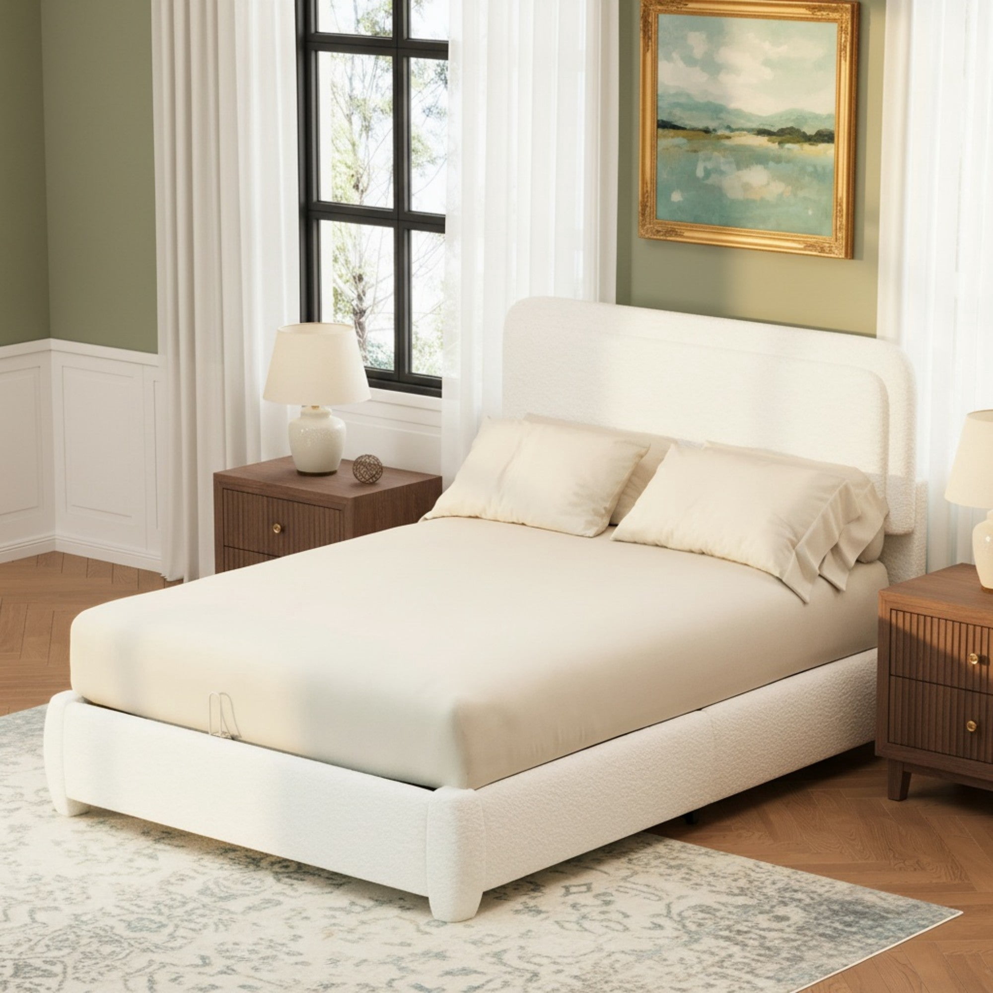 Sailvan Full Bed Frame with Adjustable Cloud Headboard,Modern White Boucle Platform Bed,No Box Spring Needed,Curved Upholstered Bed