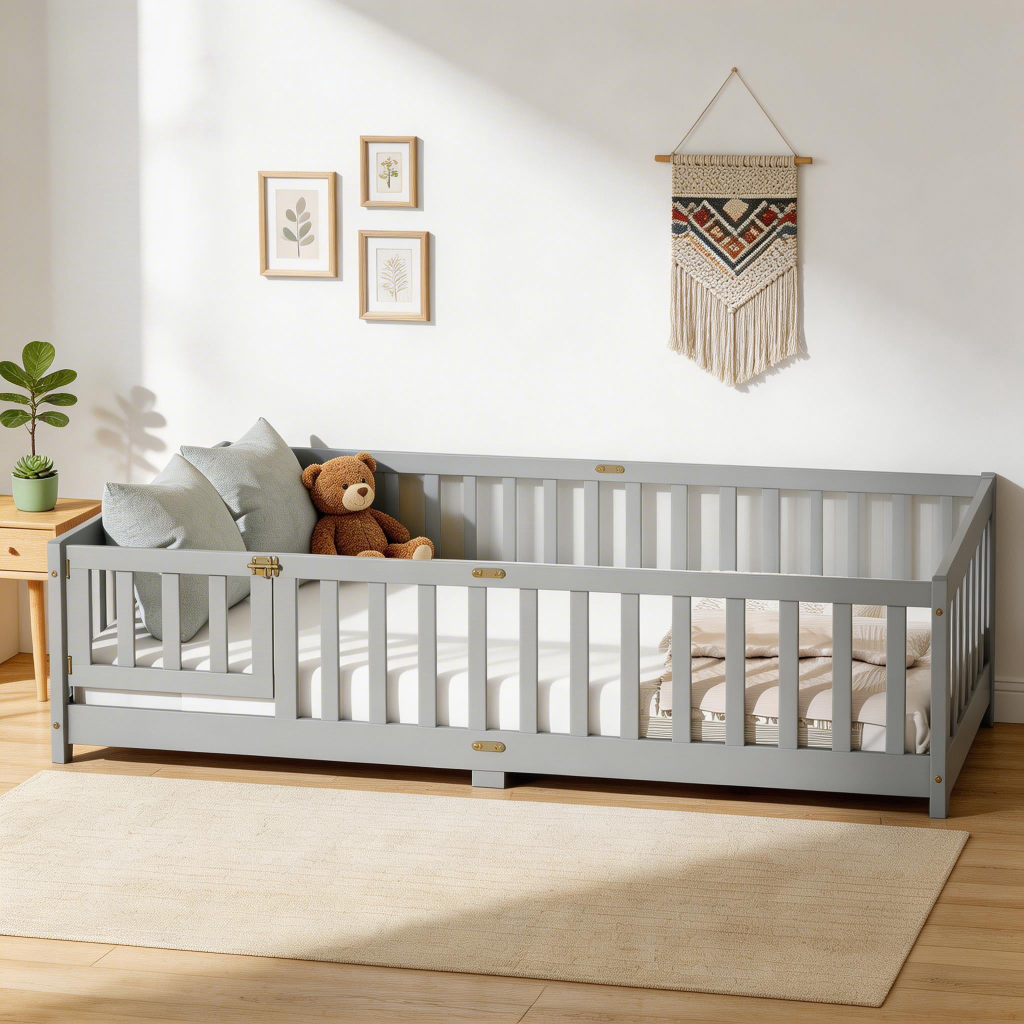 Sailvan Full Floor Bed with Fence and Door, Solid Rubber Wood Kids Platform Bed Frame Grey