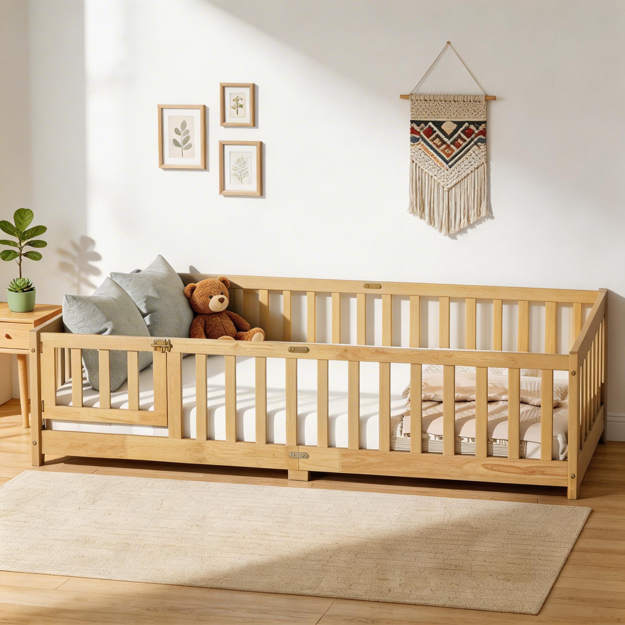 Sailvan Full Floor Bed with Fence and Door, Solid Rubber Wood Kids Platform Bed Frame Natural