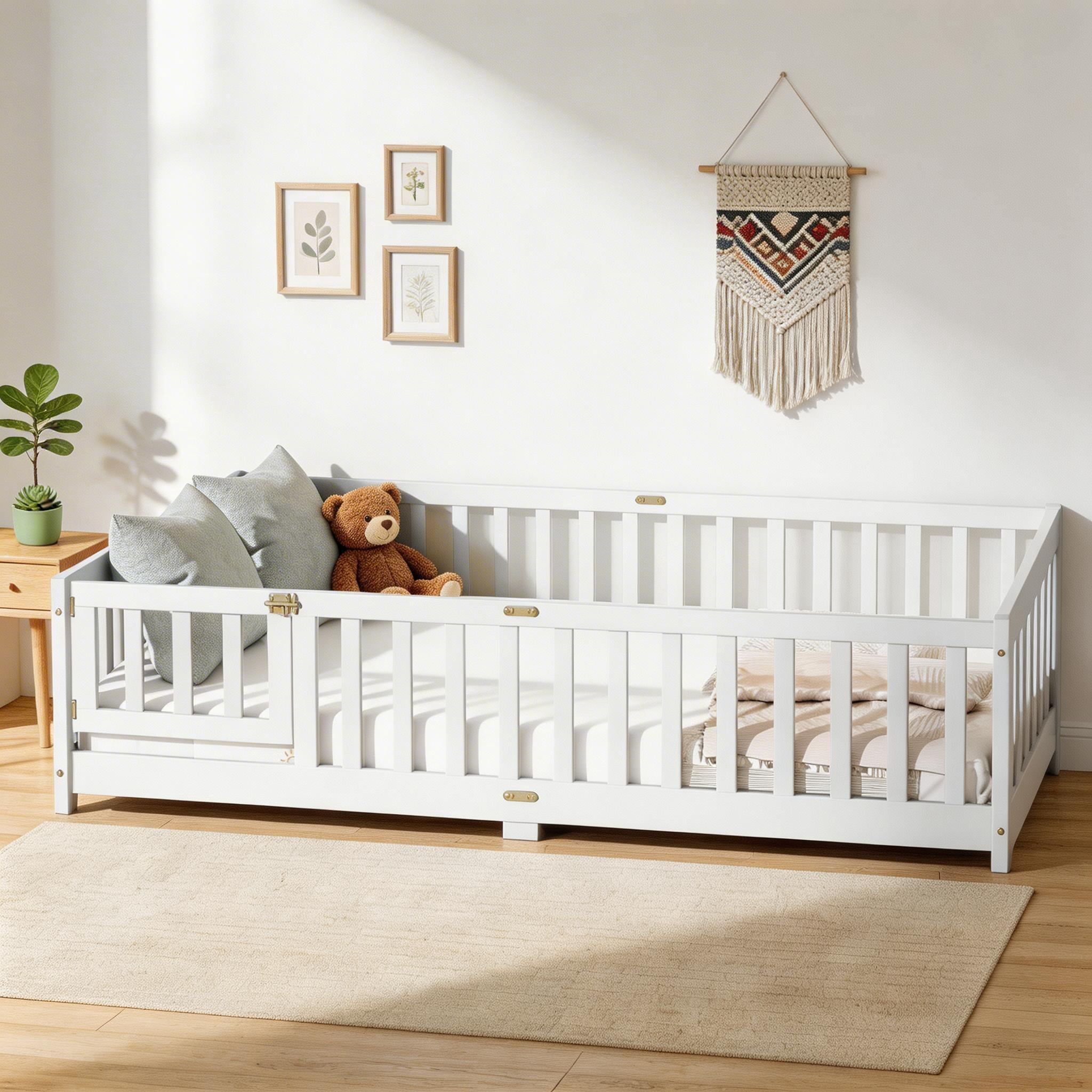 Sailvan Full Floor Bed with Fence and Door, Solid Rubber Wood Kids Platform Bed Frame White