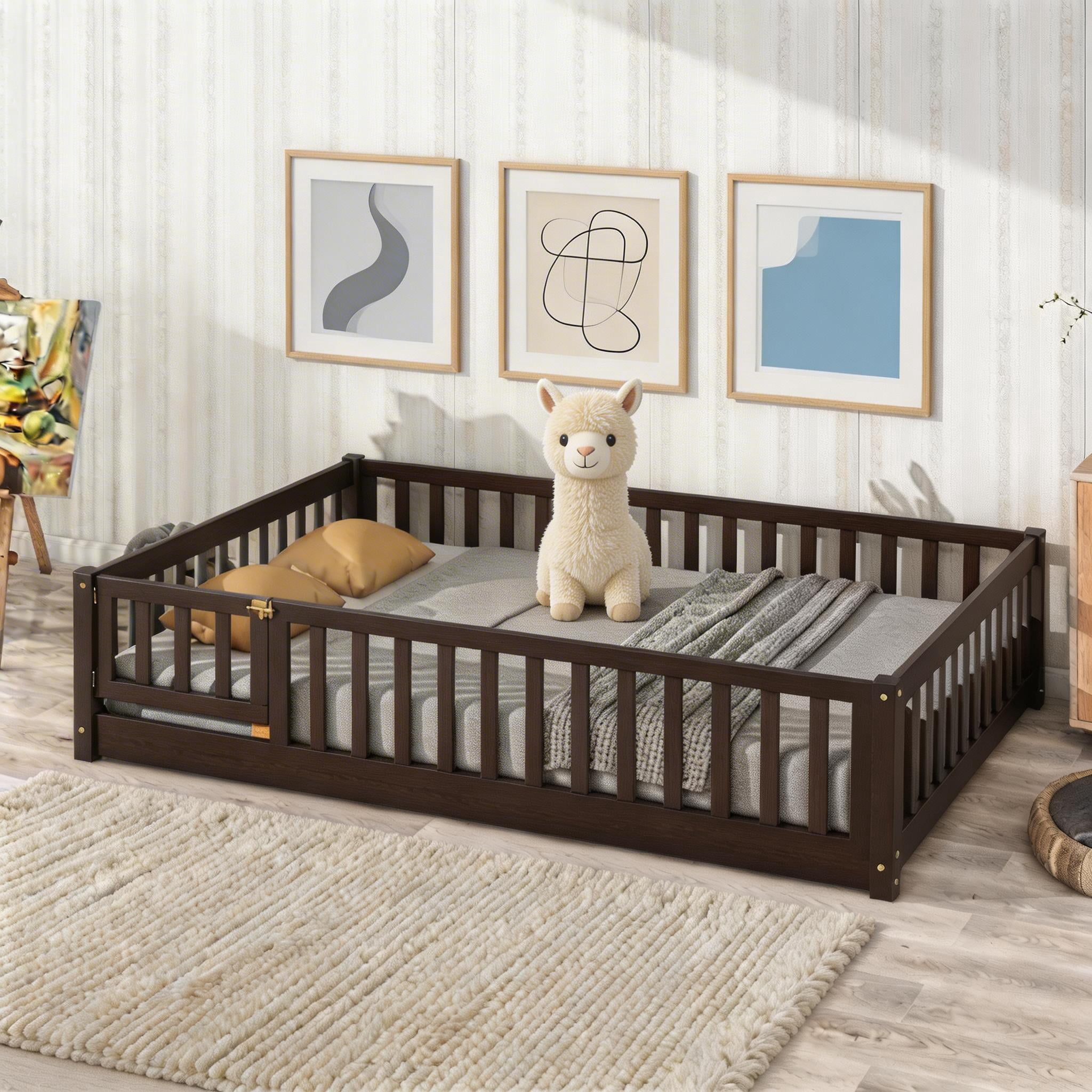 Sailvan Full Floor Bed with Fence and Door, Solid Wood Kids Platform Bed Frame Espresso