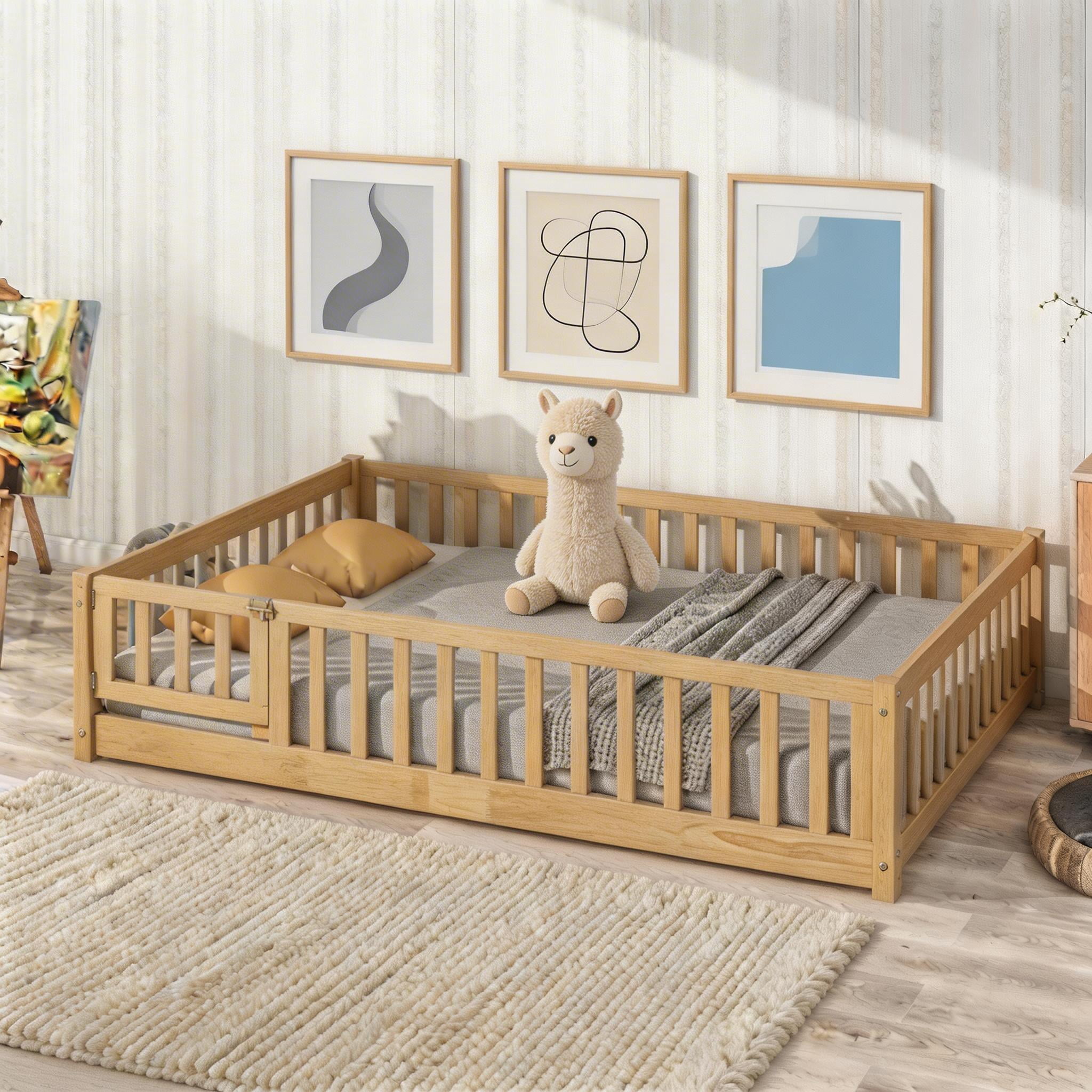 Sailvan Full Floor Bed with Fence and Door, Solid Wood Kids Platform Bed Frame Natural