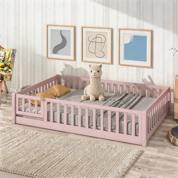 Sailvan Full Floor Bed with Fence and Door, Solid Wood Kids Platform Bed Frame Pink