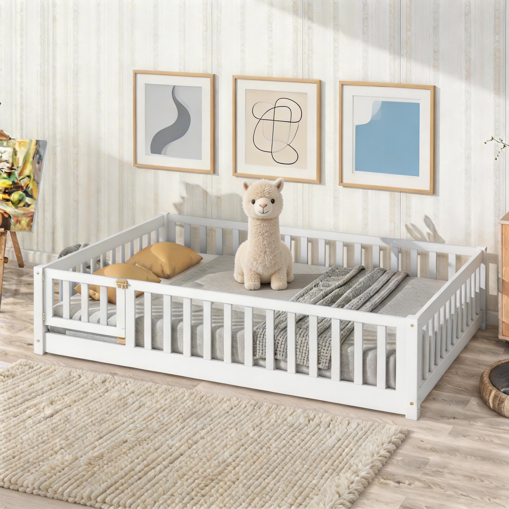 Sailvan Full Floor Bed with Fence and Door, Solid Wood Kids Platform Bed Frame White