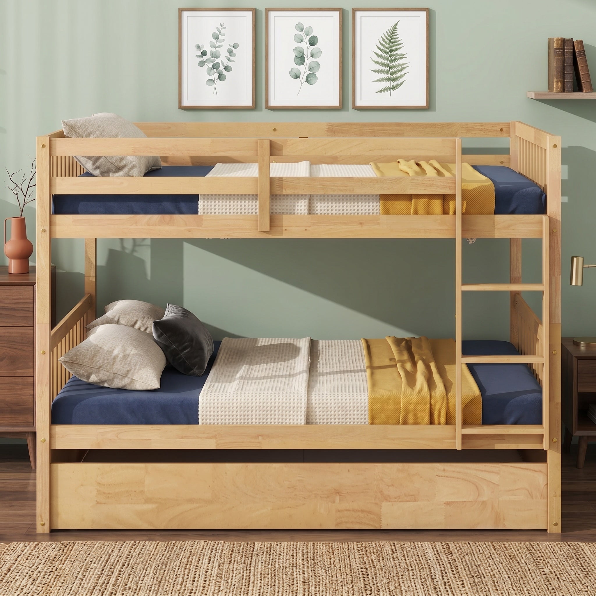 Sailvan Full Over Full Rubber Wood Bunk Bed with Trundle Ladder Guardrails, Convertible to 2 Beds