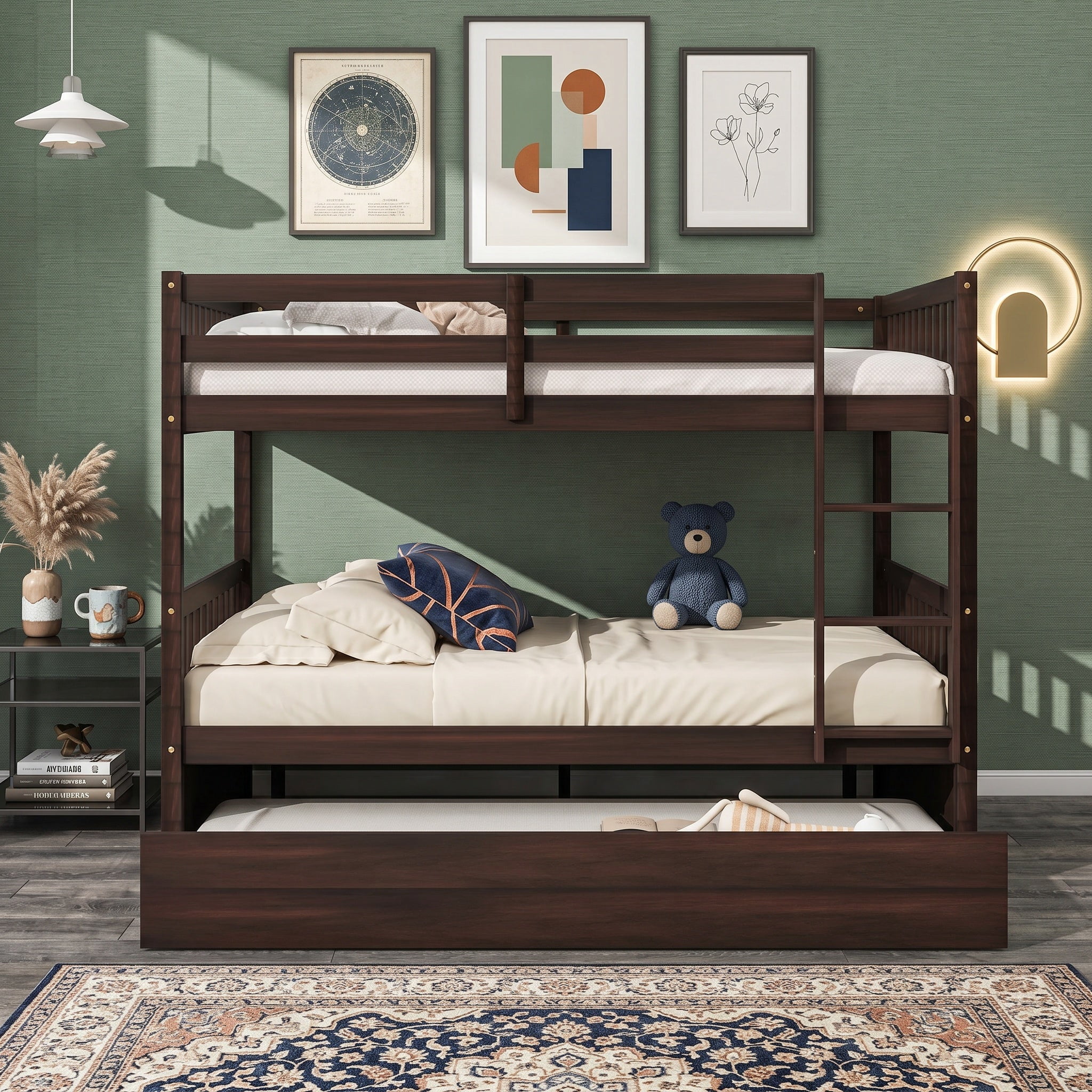 Sailvan Full Over Full Rubber Wood Bunk Bed with Trundle Ladder Guardrails, Convertible to 2 Beds