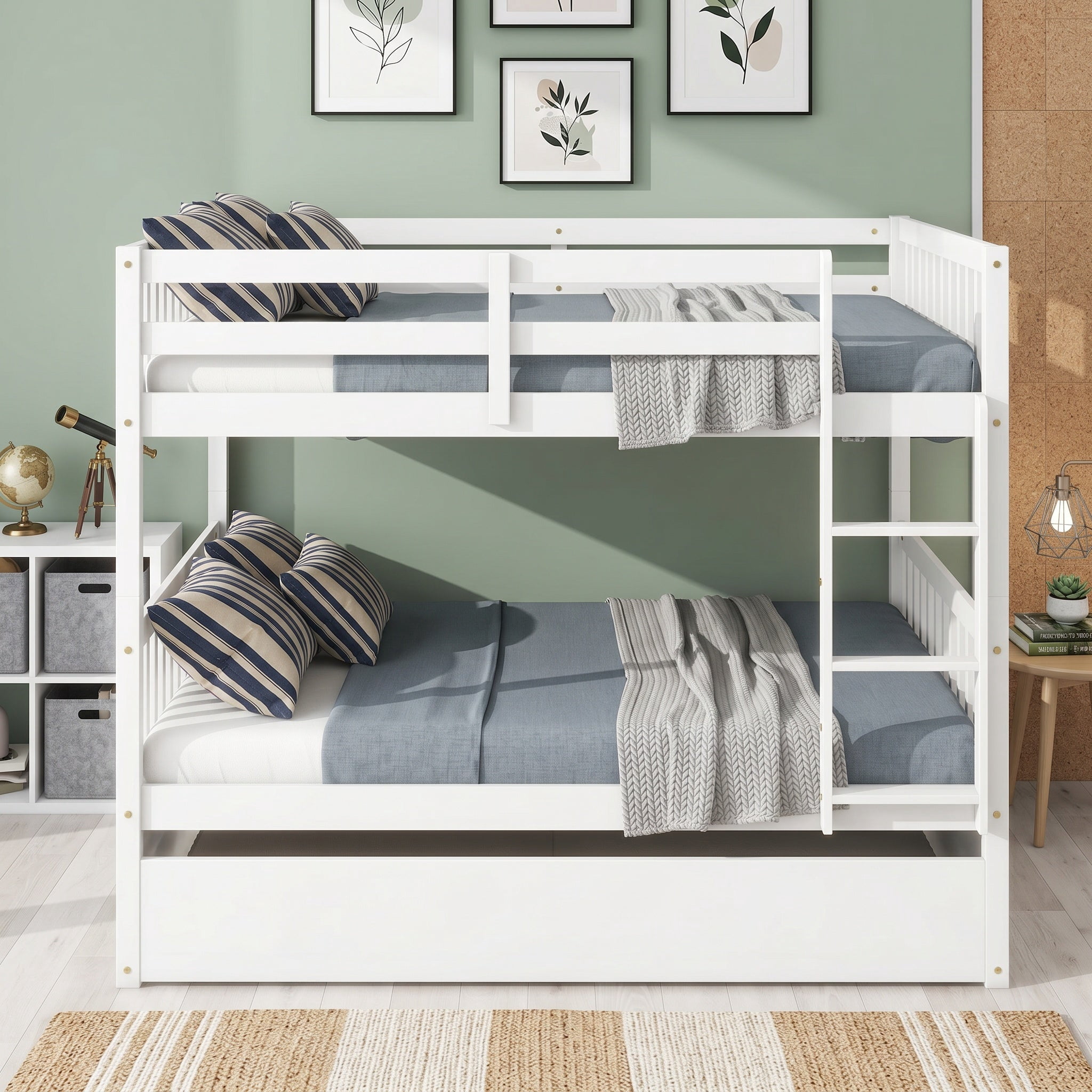 Sailvan Full Over Full Rubber Wood Bunk Bed with Trundle Ladder Guardrails, Convertible to 2 Beds