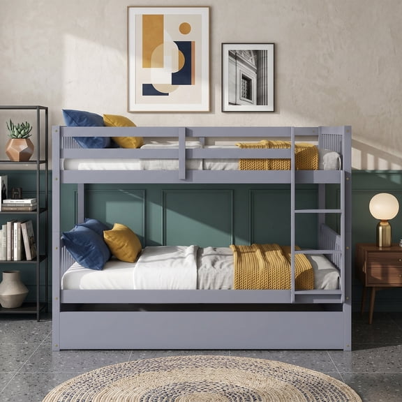 Sailvan Full Over Full Rubber Wood Bunk Bed with Trundle Ladder Guardrails, Convertible to 2 Beds