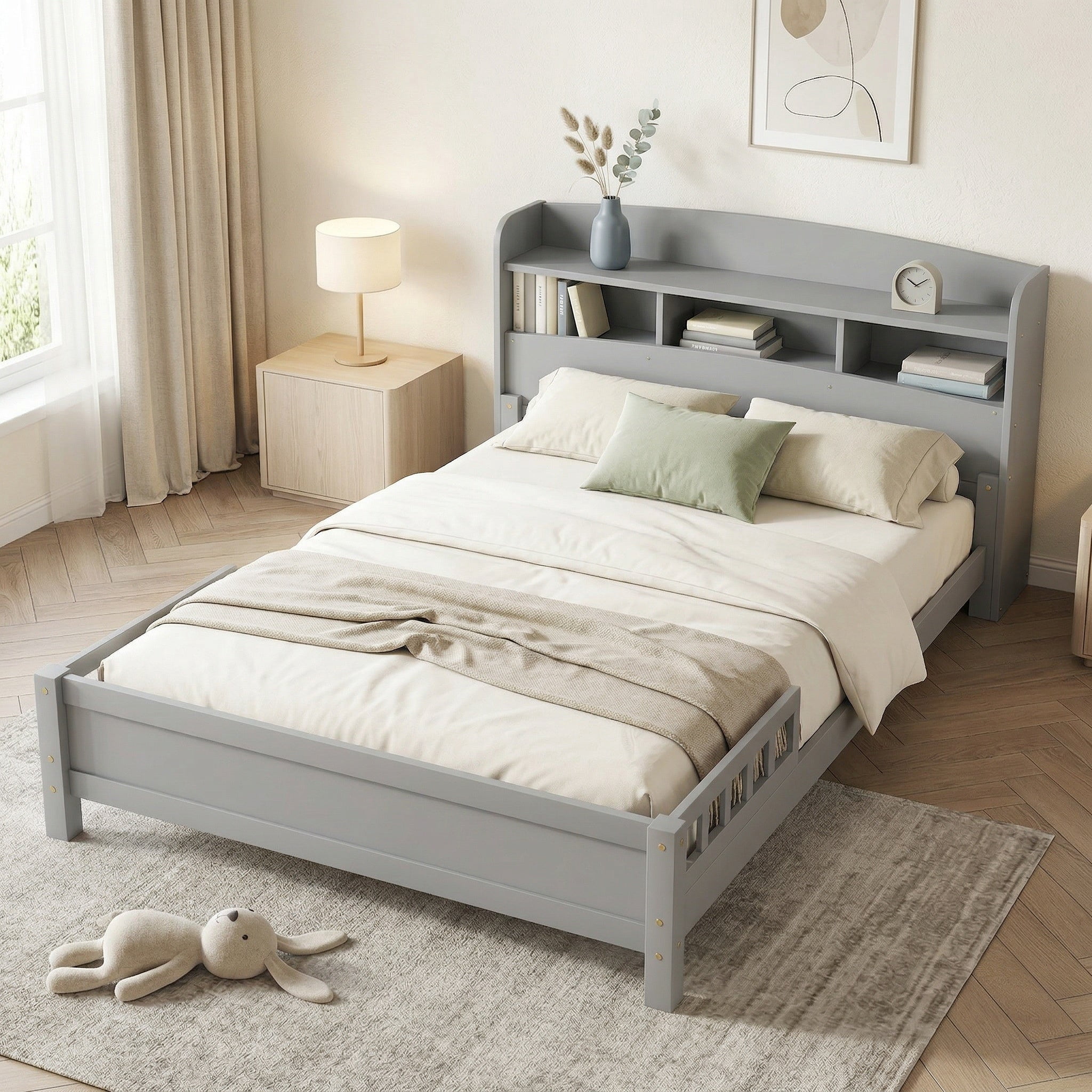 Sailvan Full Pine Wood Bed with Bookcase Headboard, LED Motion Sensor Light & Bed Guardrails