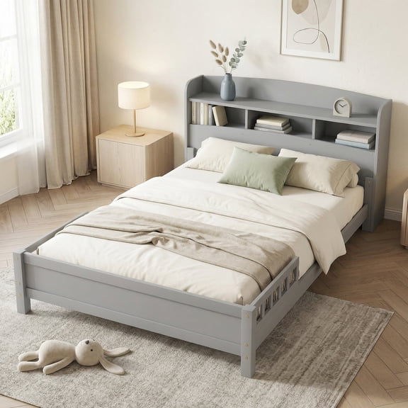 Sailvan Full Pine Wood Bed with Bookcase Headboard, LED Motion Sensor Light & Bed Guardrails