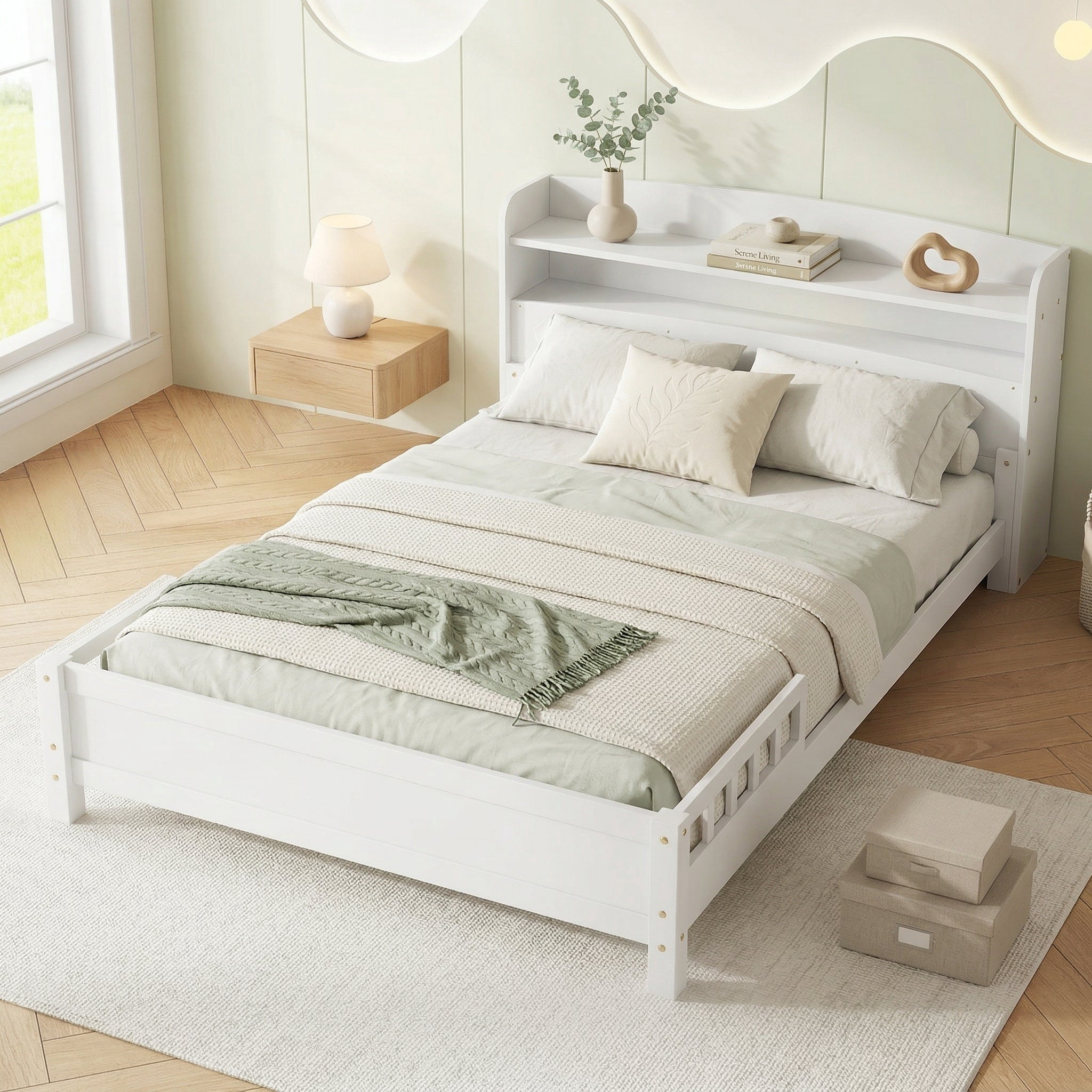 Sailvan Full Pine Wood Bed with Bookcase Headboard, LED Motion Sensor Light & Bed Guardrails