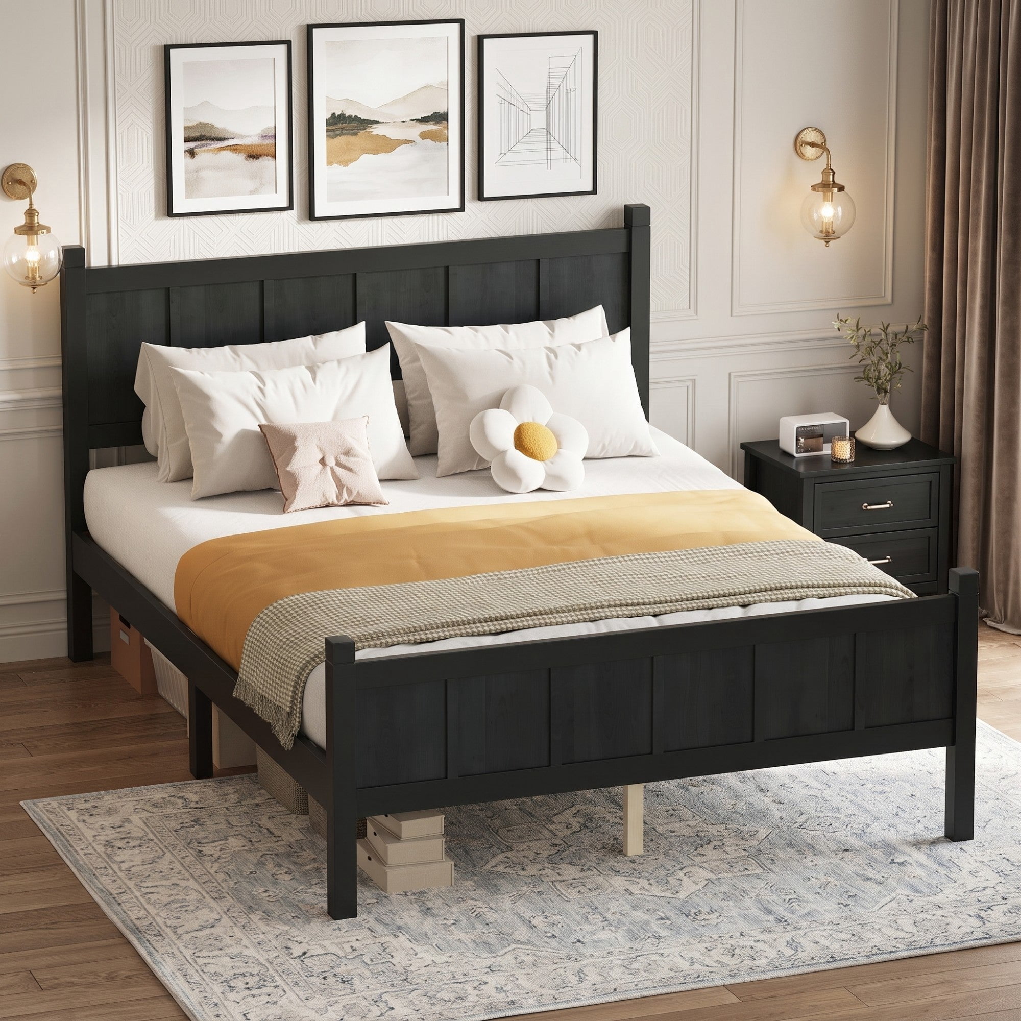Sailvan Full Platform Bed with Headboard & Footboard - Shaker Farmhouse Style Bed Frame with Wood Grain Finish & Under-Bed Storage Black