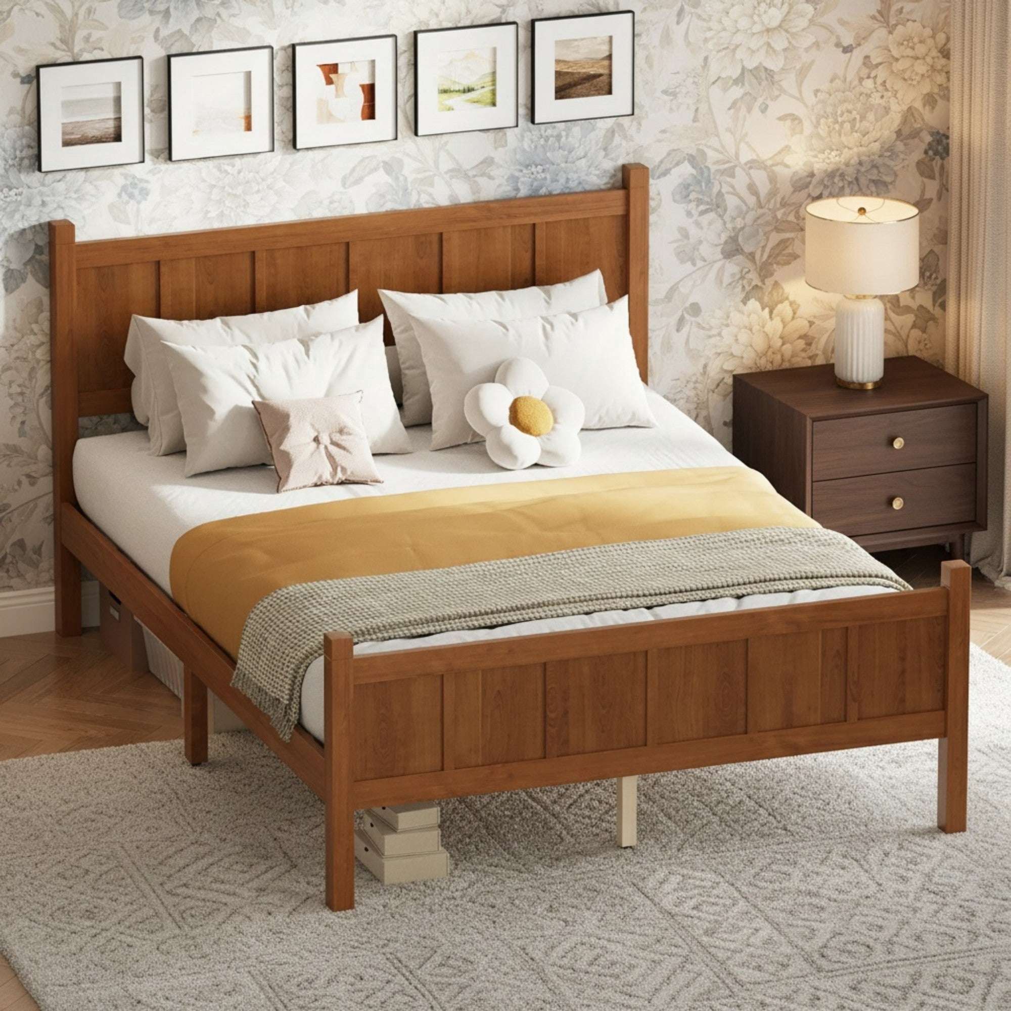 Sailvan Full Platform Bed with Headboard & Footboard - Shaker Farmhouse Style Bed Frame with Wood Grain Finish & Under-Bed Storage Walnut