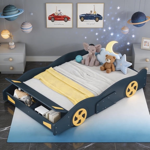 Sailvan Full Race Car Platform Bed Frame with Storage and Guardrails Dark Blue
