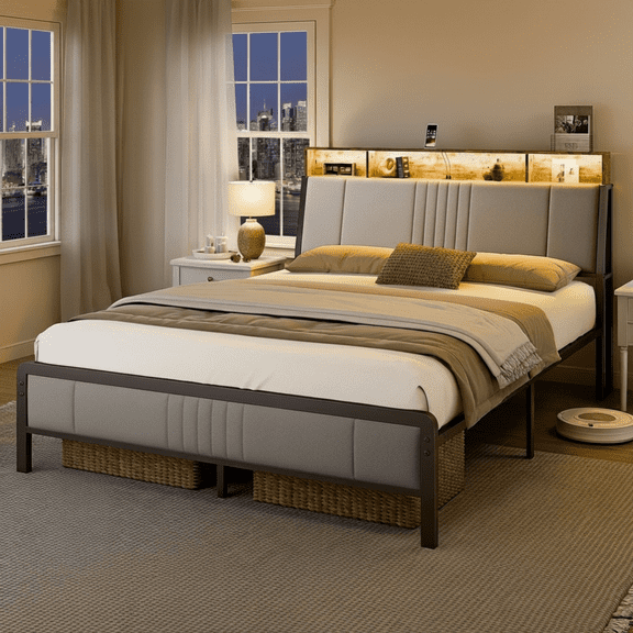 Sailvan Full Size Bed Frame with LED Lights Headboard, Full Bed Frame with Storage & USB Charging, Cushion, Metal Platform Bed Full, No Box Spring Needed, Easy Assembly, Gray