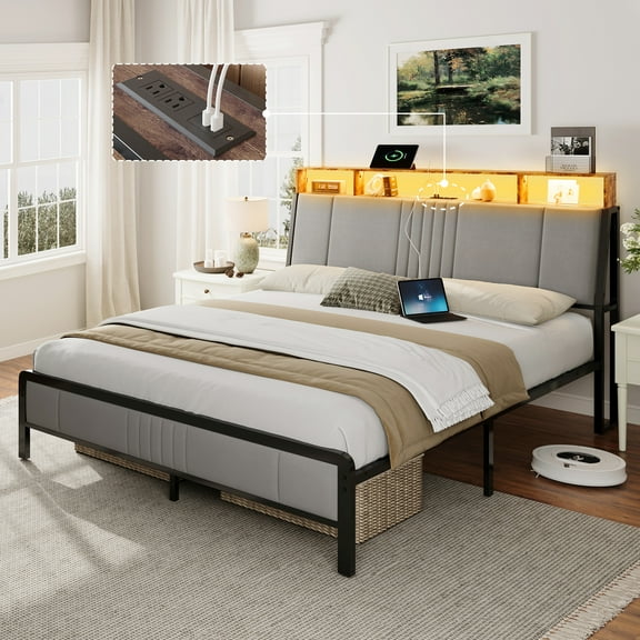Sailvan Full Size Bed Frame, Metal Platform Bed Full Szie with Headboard, LED Lights, Underbed Storage, USB Charging & Ergonomic Headboard for Support, No Box Spring Needed Bed Frame, Easy Assembly